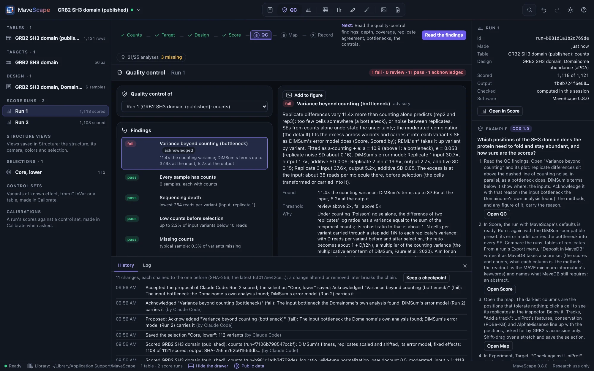 The same proposal accepted: the history drawer below the QC view, newest first: the acceptance of Claude Code's proposal, the acknowledgement applied under its name, the proposed entry before it, the selection saved and the run scored by Claude Code