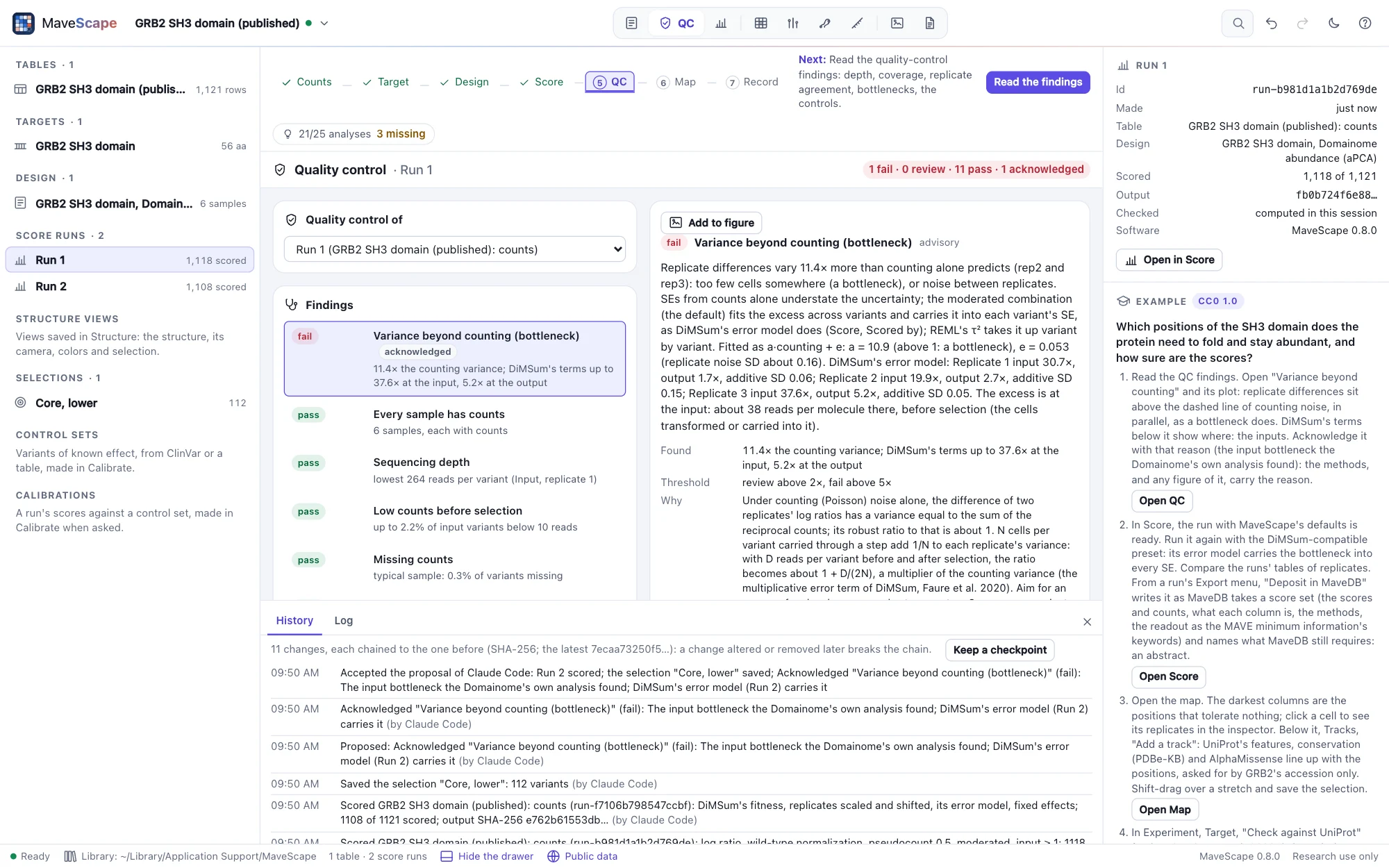 The same proposal accepted: the history drawer below the QC view, newest first: the acceptance of Claude Code's proposal, the acknowledgement applied under its name, the proposed entry before it, the selection saved and the run scored by Claude Code