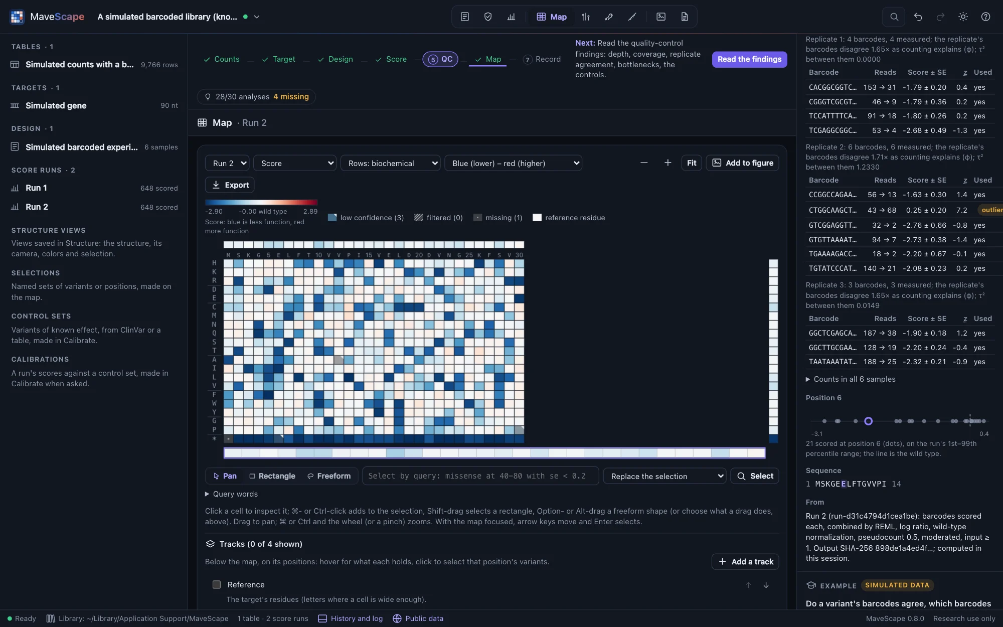 The map of the simulated barcoded library scored barcode by barcode, with the inspector listing a missense variant's barcodes in three replicates: their reads before and after selection, scores and departures, one marked an outlier at 7.2