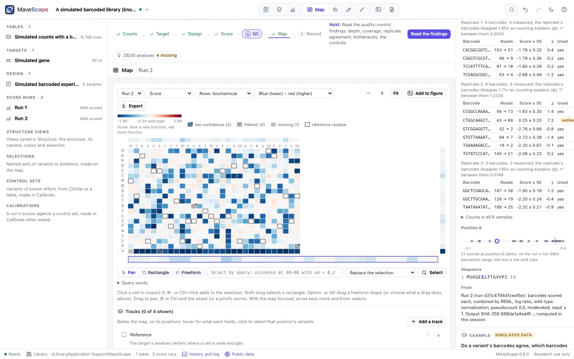 The map of the simulated barcoded library scored barcode by barcode, with the inspector listing a missense variant's barcodes in three replicates: their reads before and after selection, scores and departures, one marked an outlier at 7.2