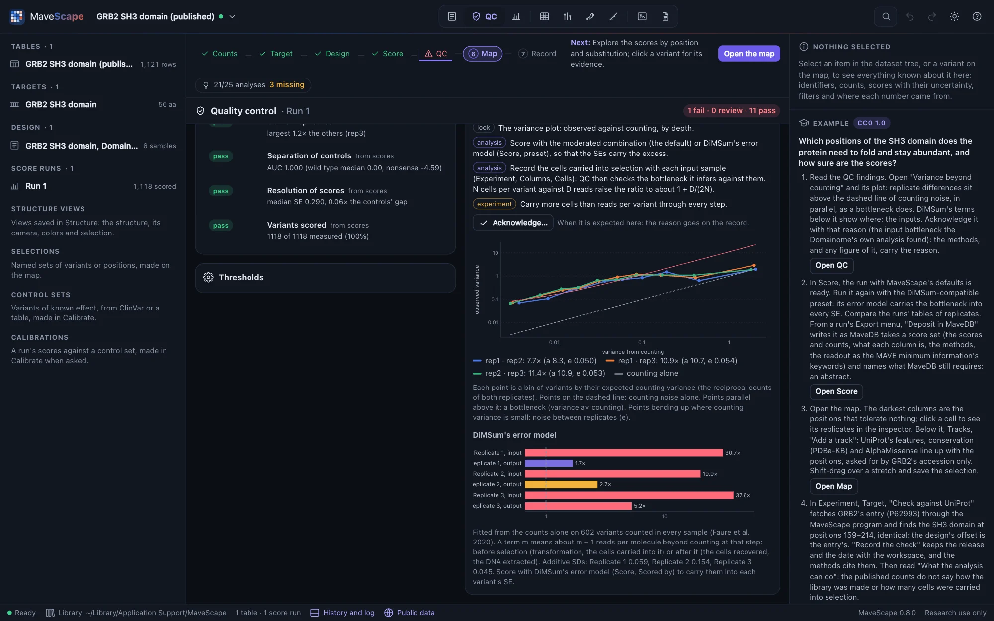 The QC view of the GRB2 example: the variance beyond counting failing, its explanation putting the excess at the input, and a bar chart of DiMSum's terms, the inputs 20 to 38 times counting and the outputs 1.7 to 5.3