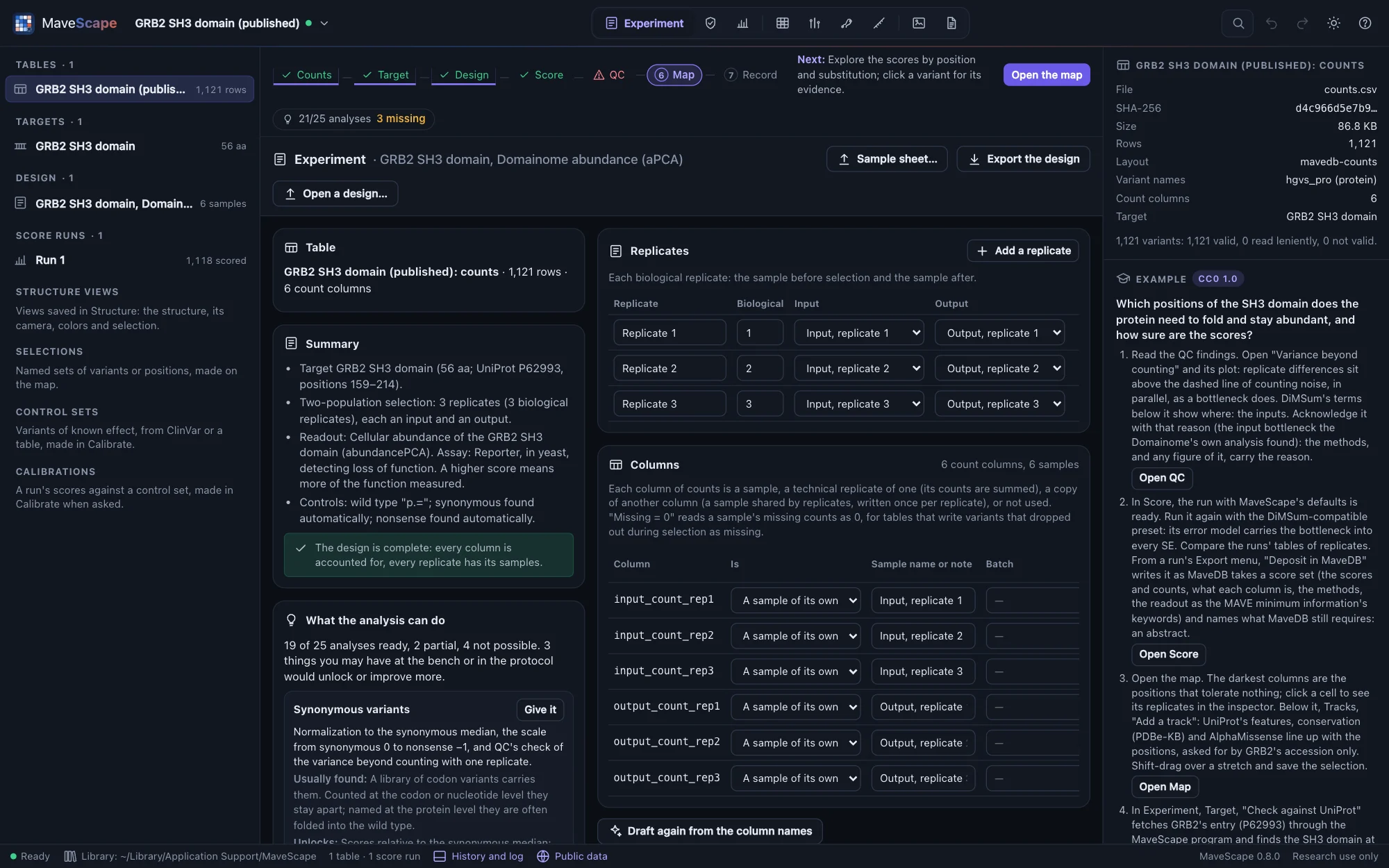 The MaveScape window: the workflow strip with each step's state above the Experiment view, the dataset tree on the left and the inspector on the right