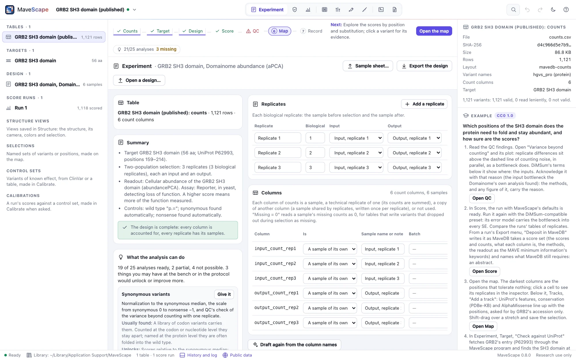 The MaveScape window: the workflow strip with each step's state above the Experiment view, the dataset tree on the left and the inspector on the right