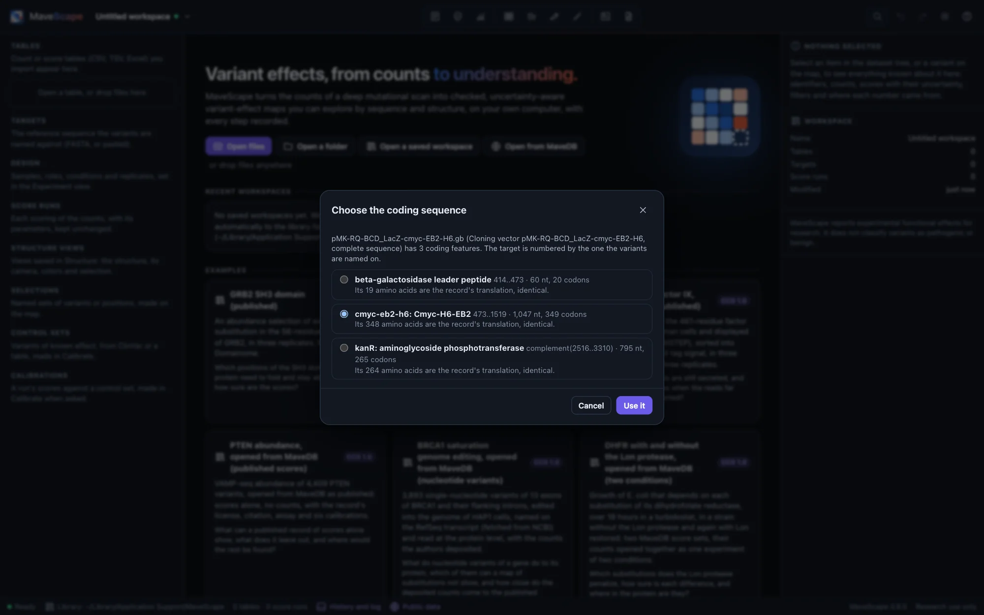 The dialog Choose the coding sequence for a plasmid map with three coding features: a beta-galactosidase leader peptide, the construct cmyc-eb2-h6 (chosen, 1,047 nt, 349 codons) and kanR on the reverse strand, each with its translation identical to the record's