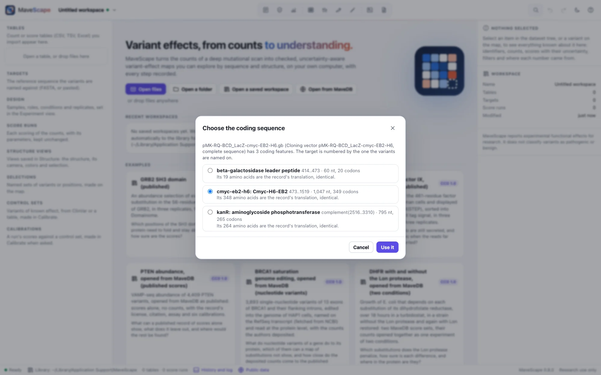 The dialog Choose the coding sequence for a plasmid map with three coding features: a beta-galactosidase leader peptide, the construct cmyc-eb2-h6 (chosen, 1,047 nt, 349 codons) and kanR on the reverse strand, each with its translation identical to the record's