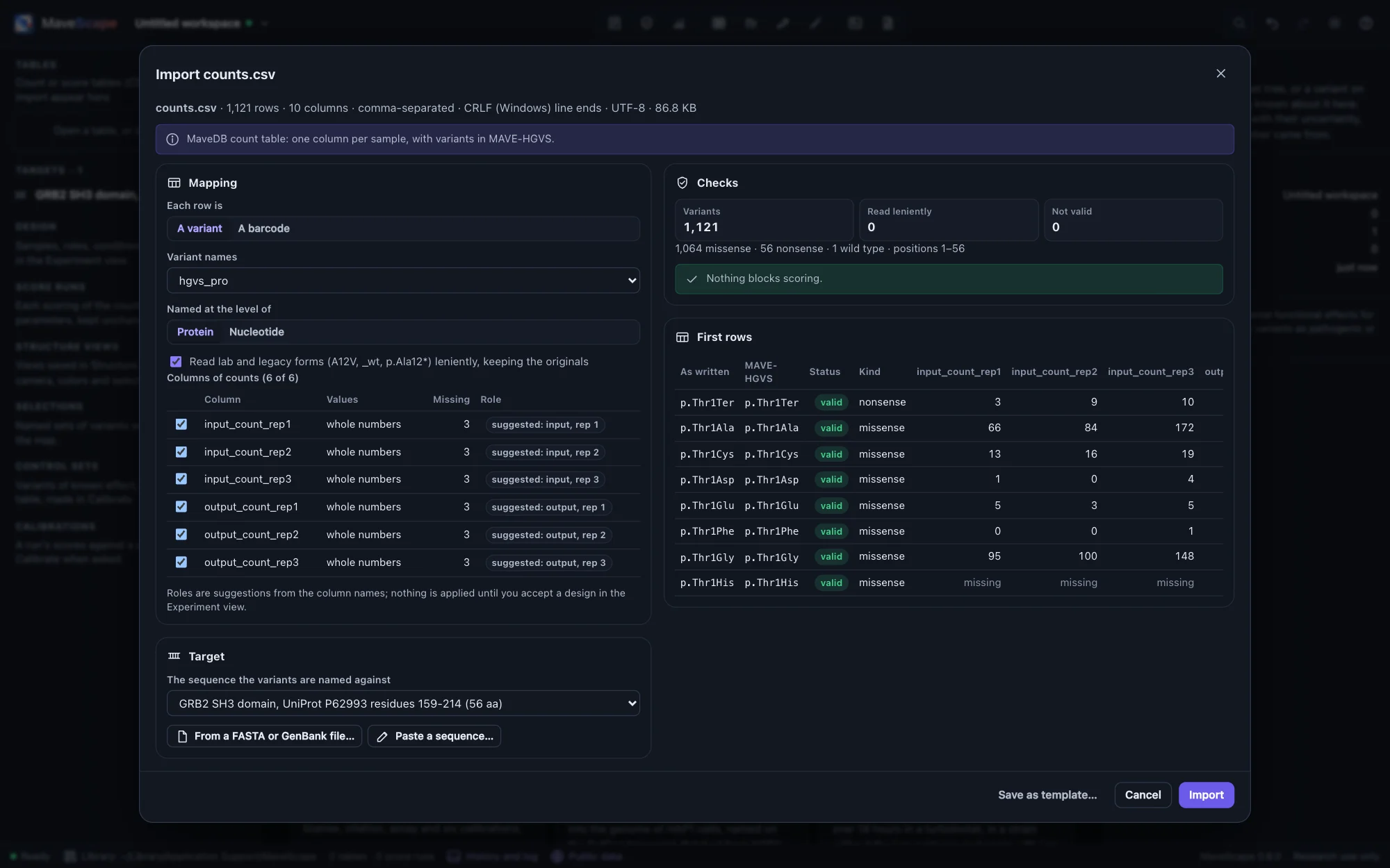 The import wizard for a MaveDB count table: the variant column, the six count columns with suggested roles, the GRB2 SH3 target, the checks (1,121 variants, none invalid) and the first rows