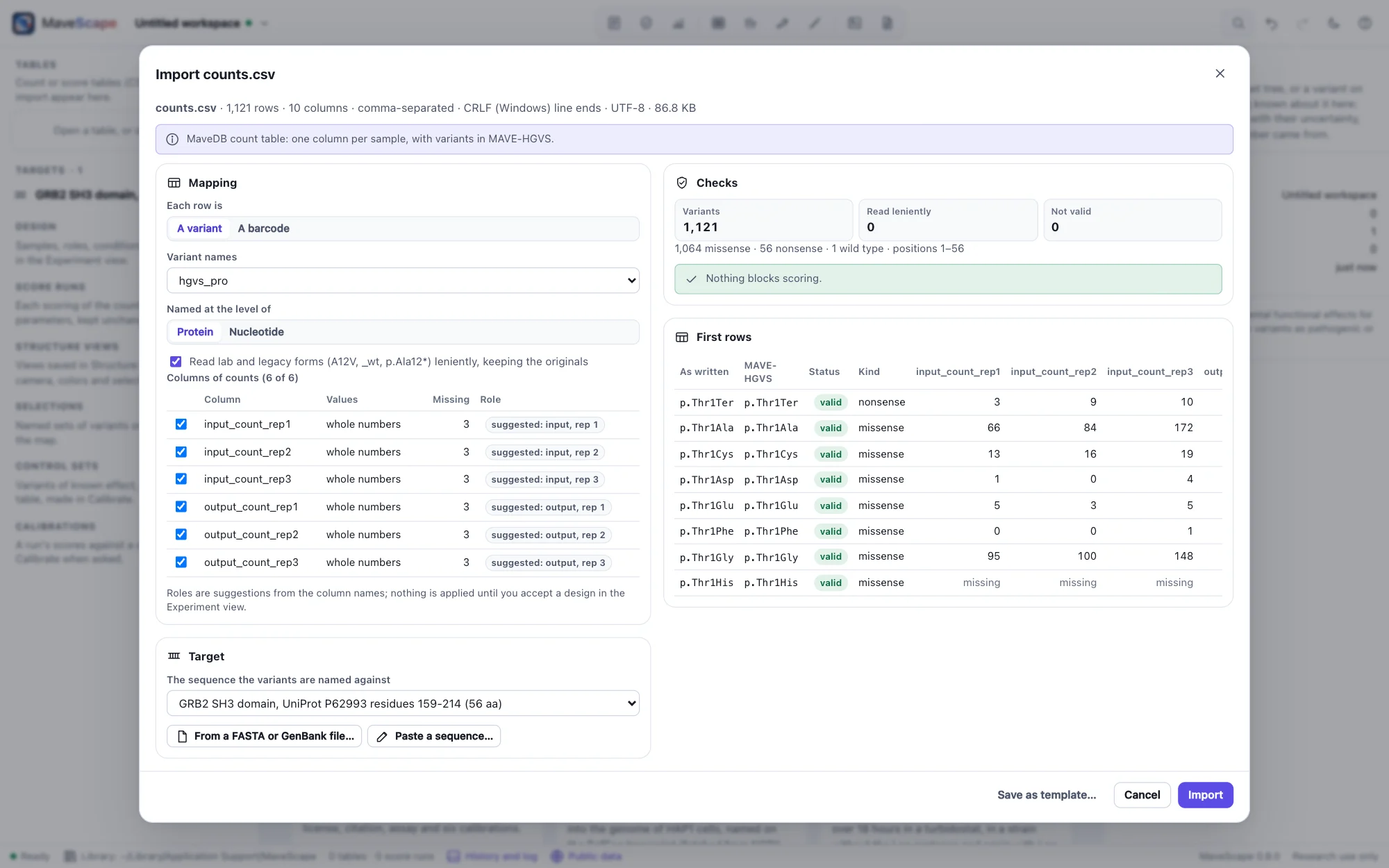 The import wizard for a MaveDB count table: the variant column, the six count columns with suggested roles, the GRB2 SH3 target, the checks (1,121 variants, none invalid) and the first rows