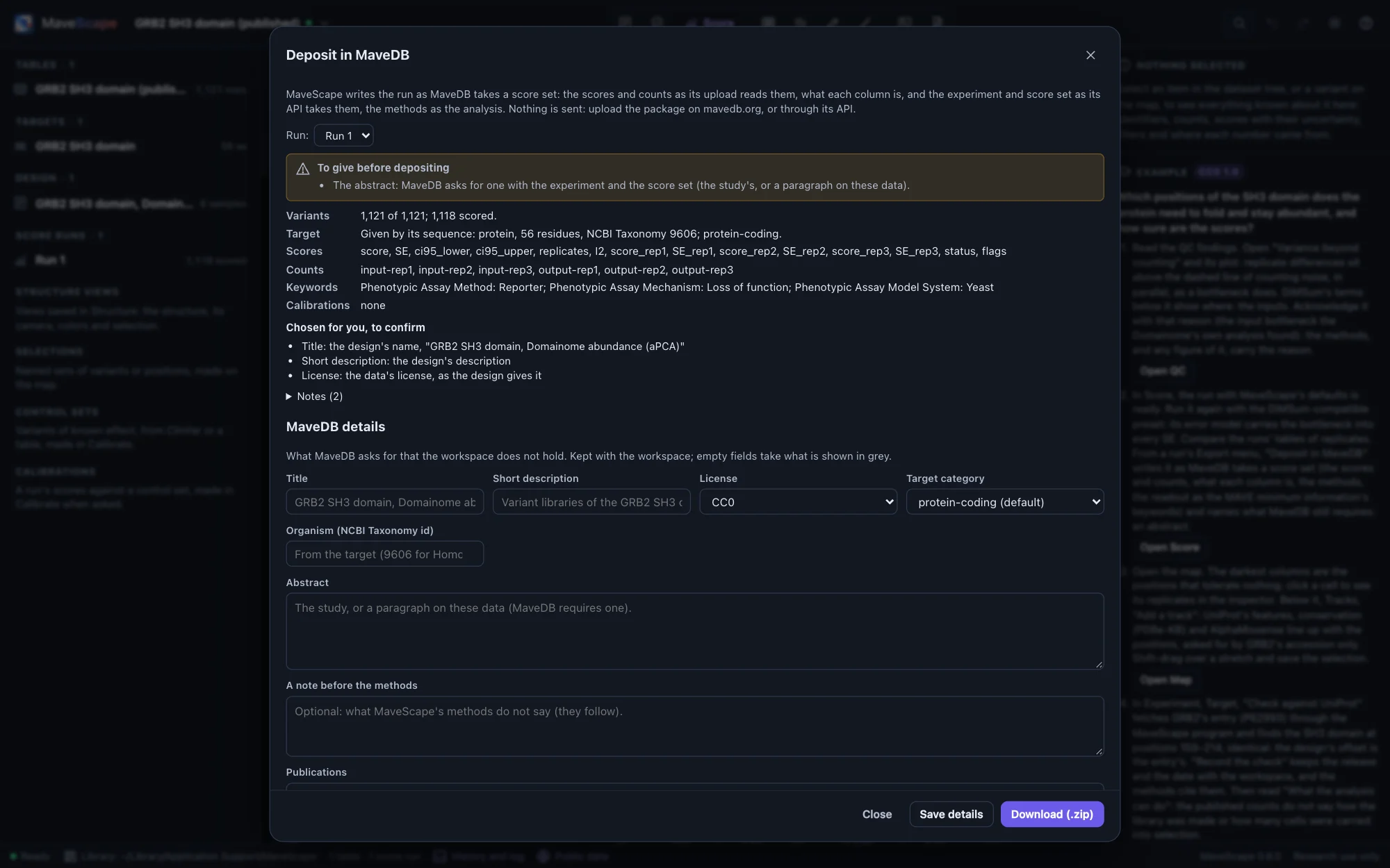 The Deposit in MaveDB dialog for the GRB2 example's run: what MaveDB still requires (an abstract); 1,121 variants, 1,118 scored; the target given by its sequence (protein, 56 residues, NCBI Taxonomy 9606); the score and count columns; the keywords from the design's readout; what was chosen to confirm; and the MaveDB details to give: title, short description, license, abstract, publications, raw reads, contributors