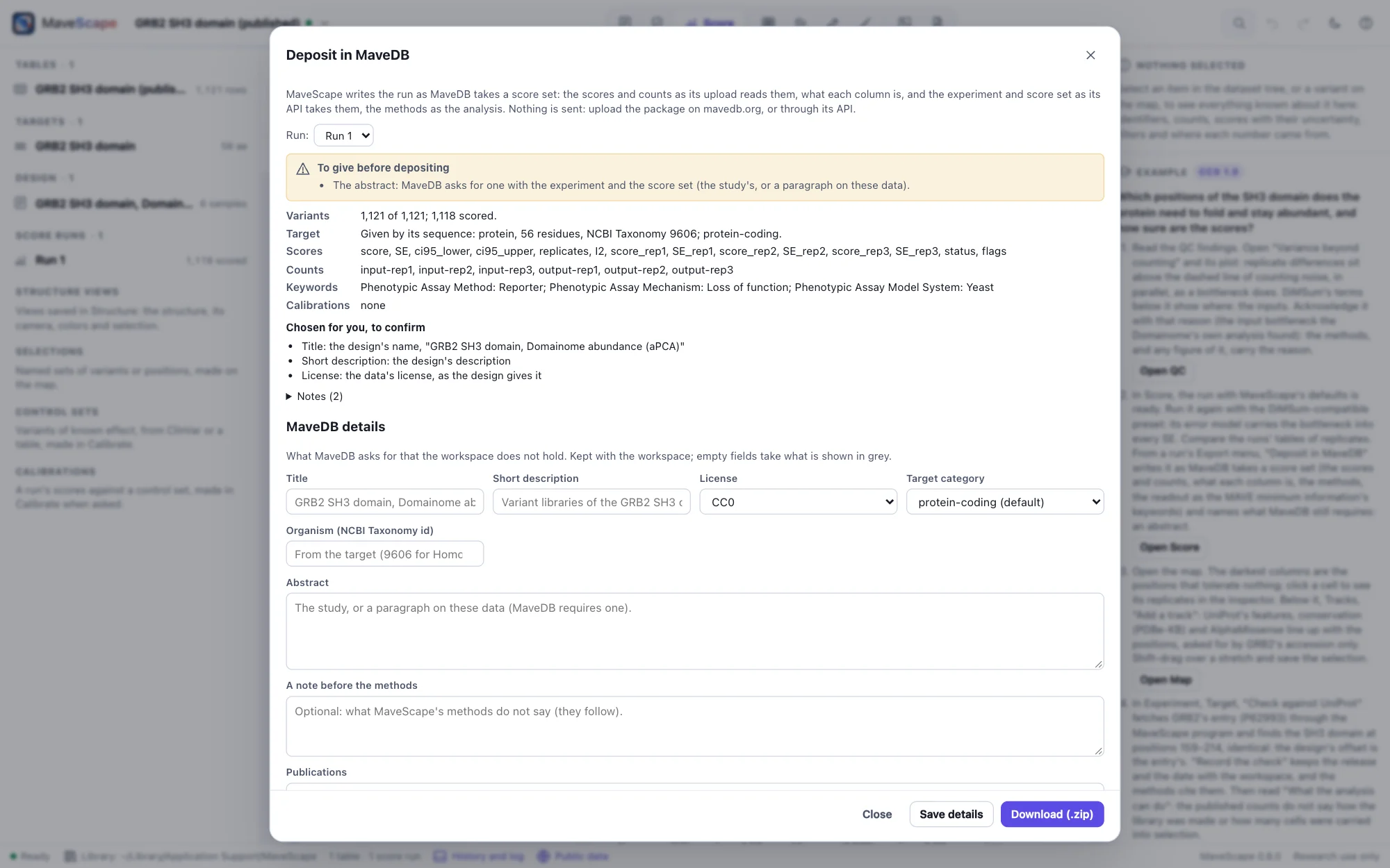 The Deposit in MaveDB dialog for the GRB2 example's run: what MaveDB still requires (an abstract); 1,121 variants, 1,118 scored; the target given by its sequence (protein, 56 residues, NCBI Taxonomy 9606); the score and count columns; the keywords from the design's readout; what was chosen to confirm; and the MaveDB details to give: title, short description, license, abstract, publications, raw reads, contributors