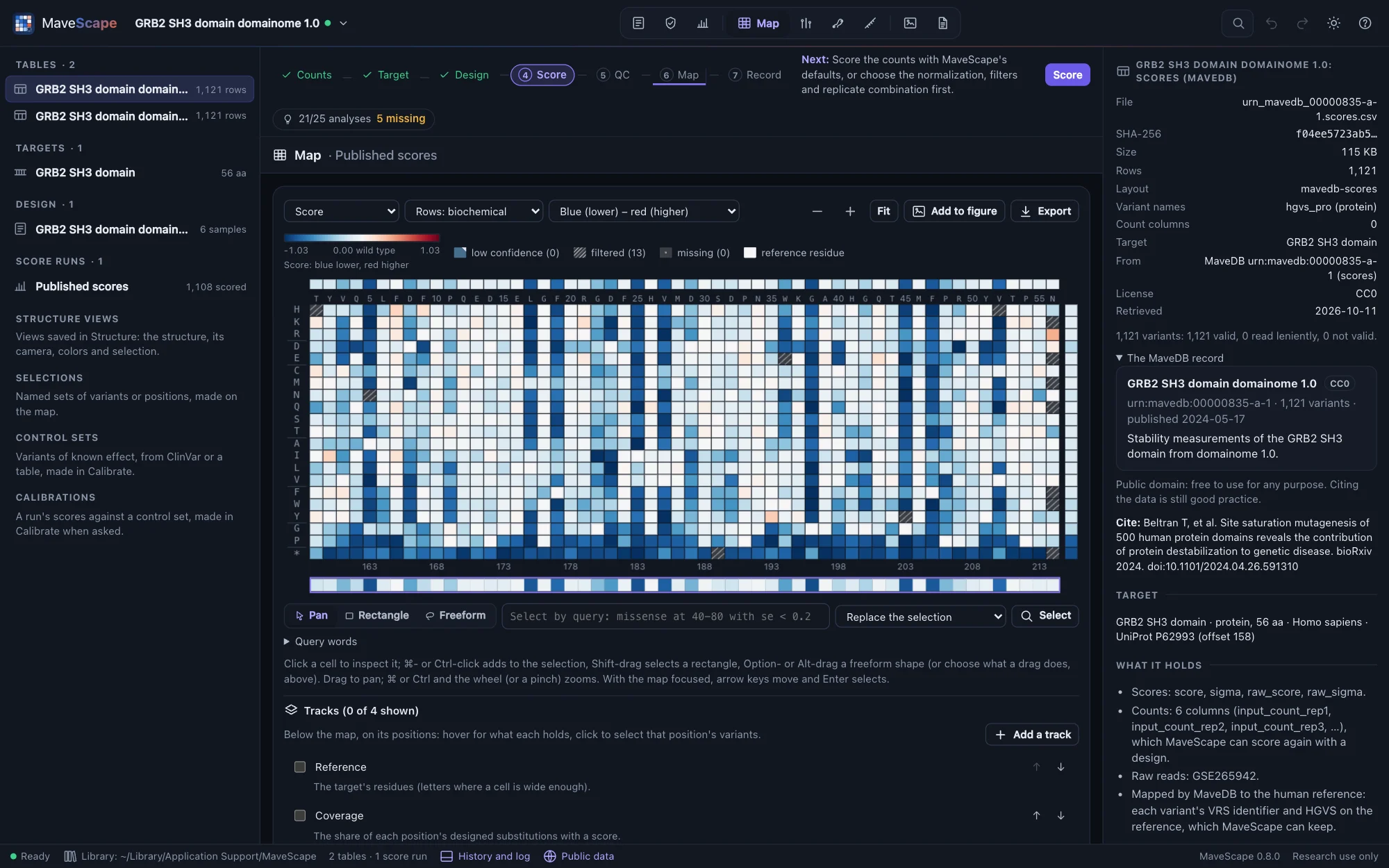 GRB2's record opened from MaveDB: the map of its published scores, the run Published scores with 1,108 of 1,121 variants scored, and the inspector showing the scores table's origin (MaveDB, CC0, retrieved 2026-10-11) and the record