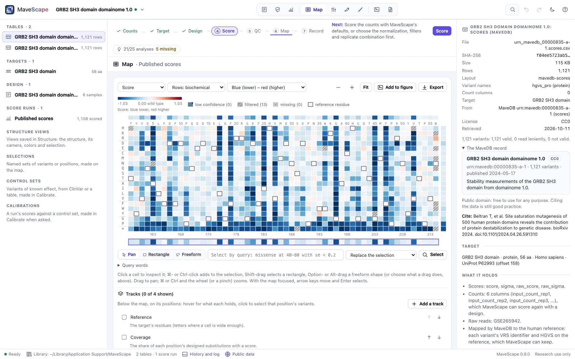 GRB2's record opened from MaveDB: the map of its published scores, the run Published scores with 1,108 of 1,121 variants scored, and the inspector showing the scores table's origin (MaveDB, CC0, retrieved 2026-10-11) and the record