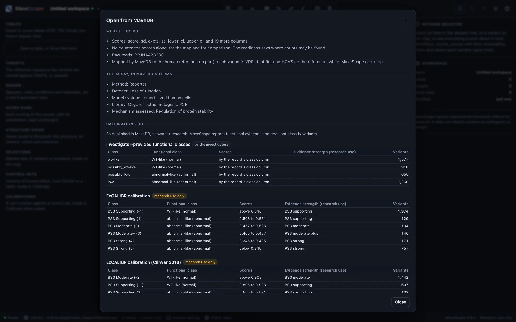 A MaveDB record before it is opened, PTEN VAMP-seq: what it holds (scores with SEs and intervals, no counts, raw reads PRJNA428380), the assay in MaveDB's terms (a reporter, loss of function, immortalized human cells, a library by oligo-directed mutagenic PCR), and its calibrations: the investigators' functional classes and ExCALIBR's ranges with the evidence strength each assigns, marked research use only
