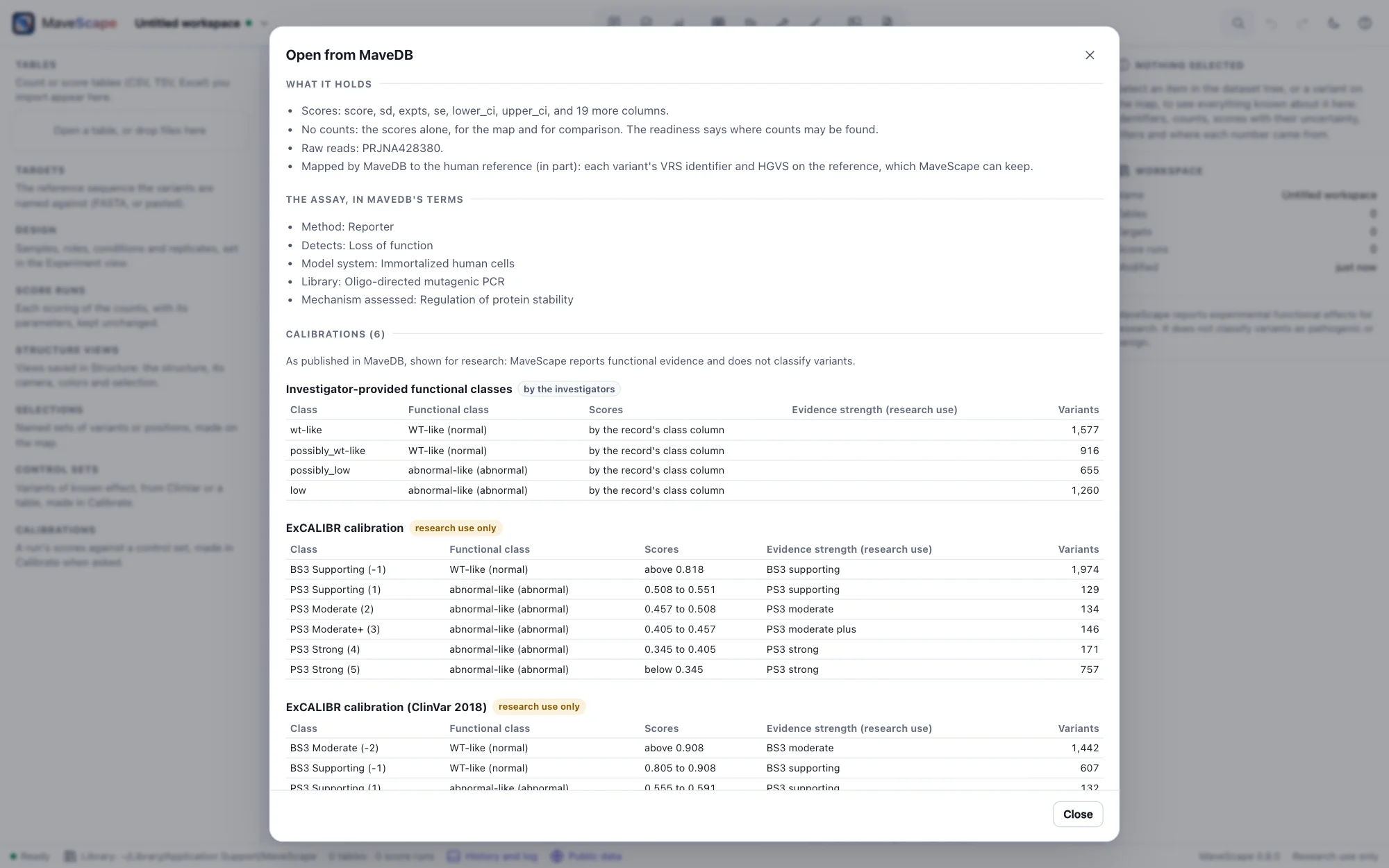 A MaveDB record before it is opened, PTEN VAMP-seq: what it holds (scores with SEs and intervals, no counts, raw reads PRJNA428380), the assay in MaveDB's terms (a reporter, loss of function, immortalized human cells, a library by oligo-directed mutagenic PCR), and its calibrations: the investigators' functional classes and ExCALIBR's ranges with the evidence strength each assigns, marked research use only