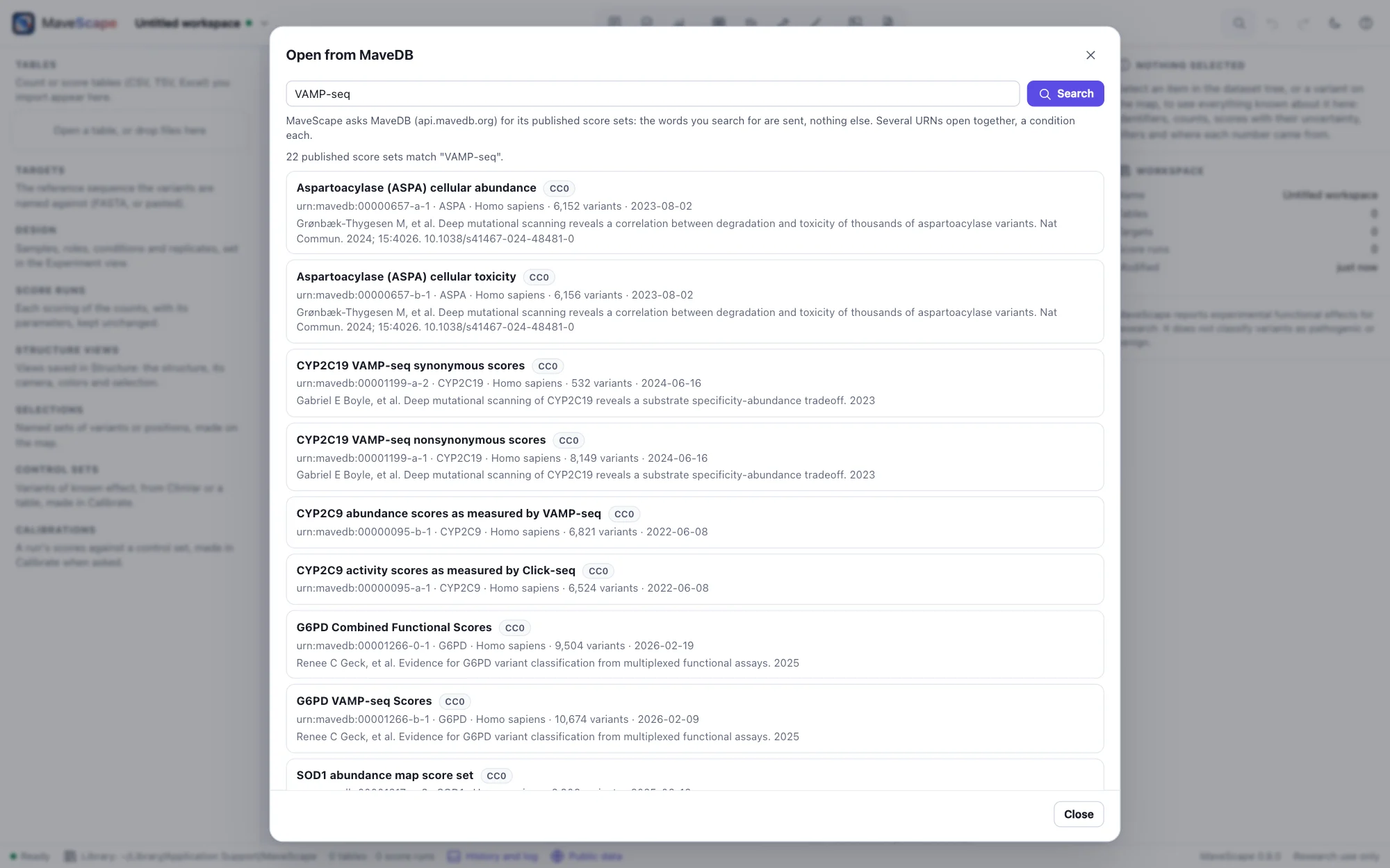 The Open from MaveDB dialog: a search for VAMP-seq finds 22 published score sets, each with its title, license, URN, target, organism, number of variants, date and publication