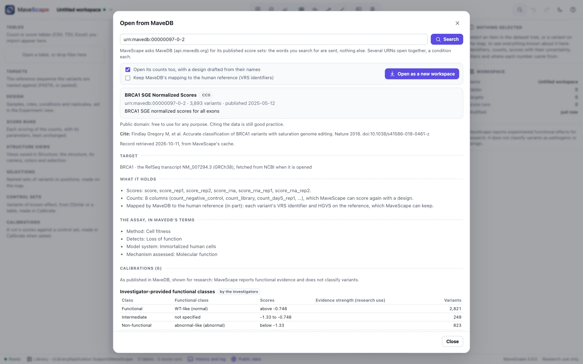 The record of BRCA1's saturation genome editing in the Open from MaveDB dialog: CC0, 3,893 variants; its target BRCA1, the RefSeq transcript NM_007294.3 (GRCh38), fetched from NCBI when it is opened; it holds scores and counts; its calibrations