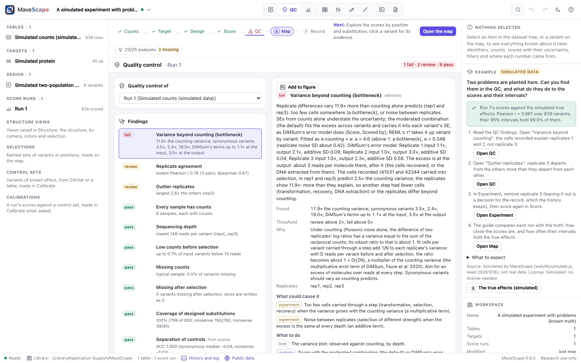 The QC view of the simulated problems example: the variance beyond counting failing at 11.9 times counting, the agreement and an outlier replicate to review; the explanation says the recorded cells predict 2.5 times, more than they explain for replicate 3