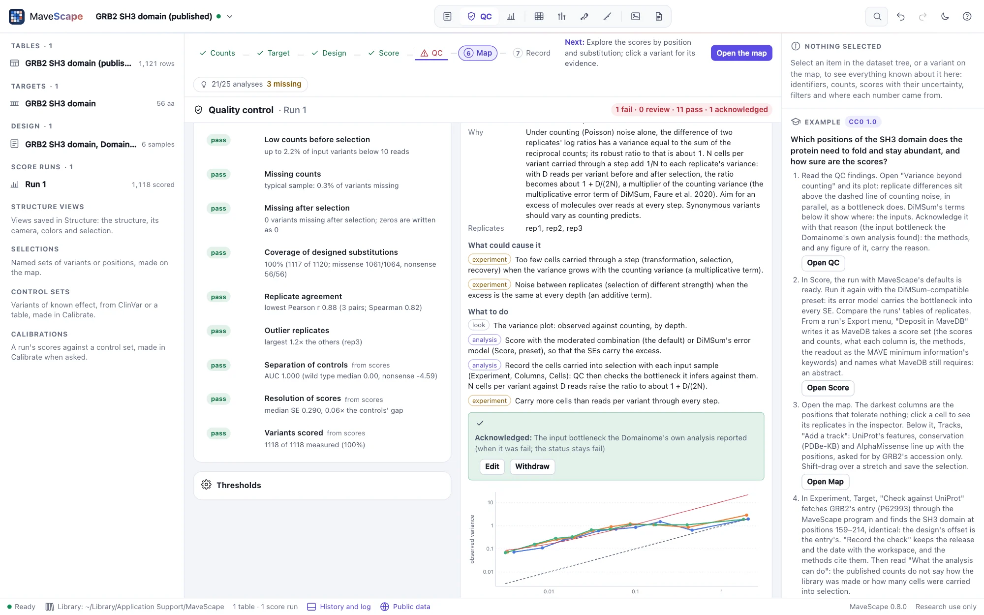 The QC view of the GRB2 example: the variance beyond counting failing, what could cause it (too few cells, or noise between replicates), what to do, and the finding acknowledged as the bottleneck the Domainome reported, its status still fail