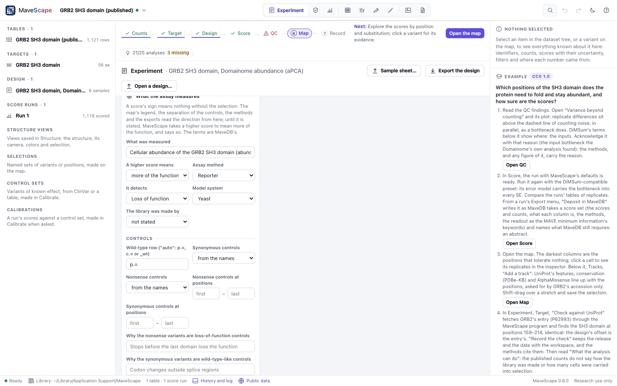The Experiment view of the GRB2 example: What the assay measures, with the cellular abundance of the domain measured by a reporter in yeast, a higher score meaning more of the function, and the controls with the positions where they serve