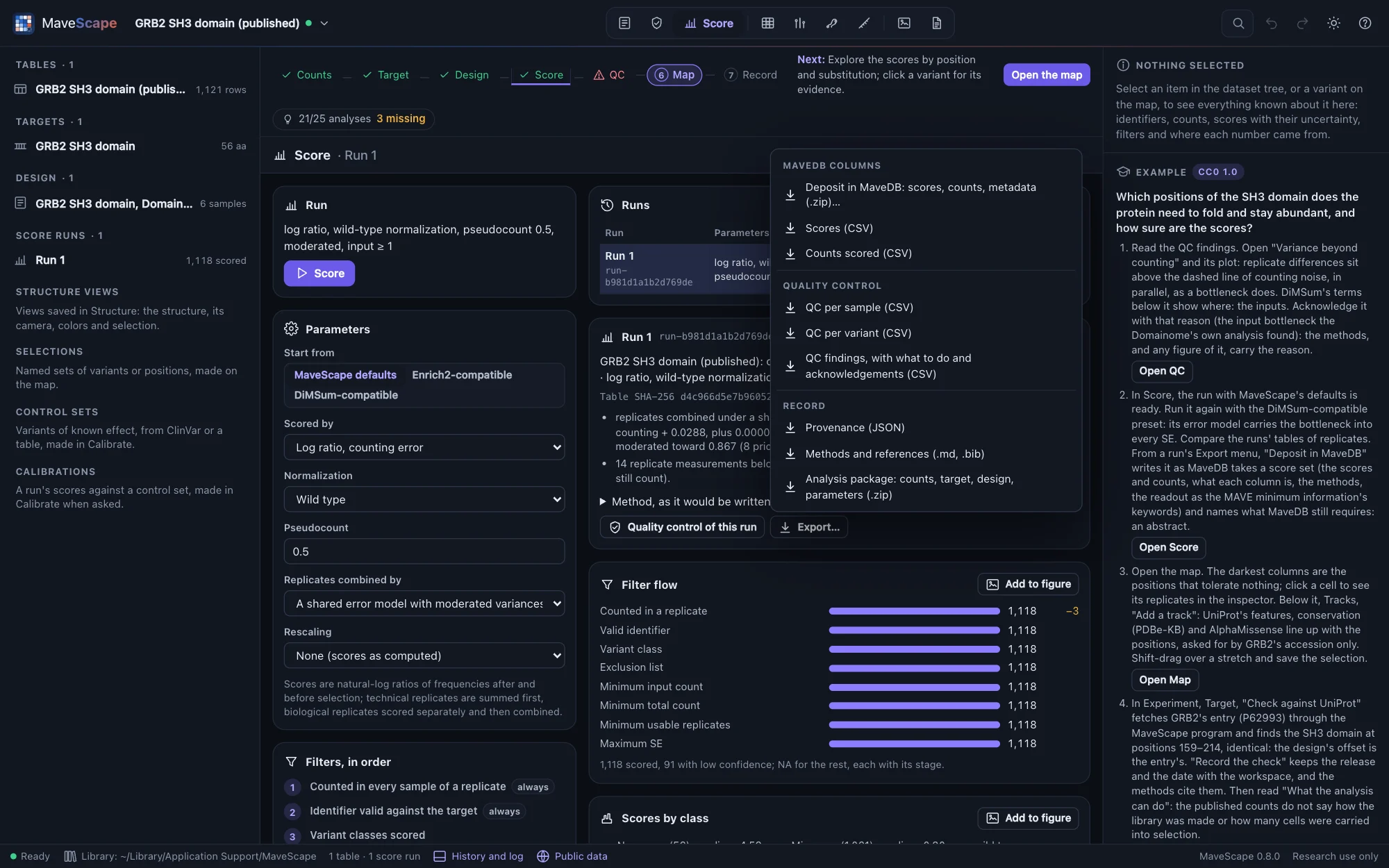 The Score view with the run's export menu open: scores and counts in MaveDB columns, QC per sample, per variant and its findings, provenance, methods and references, and the analysis package