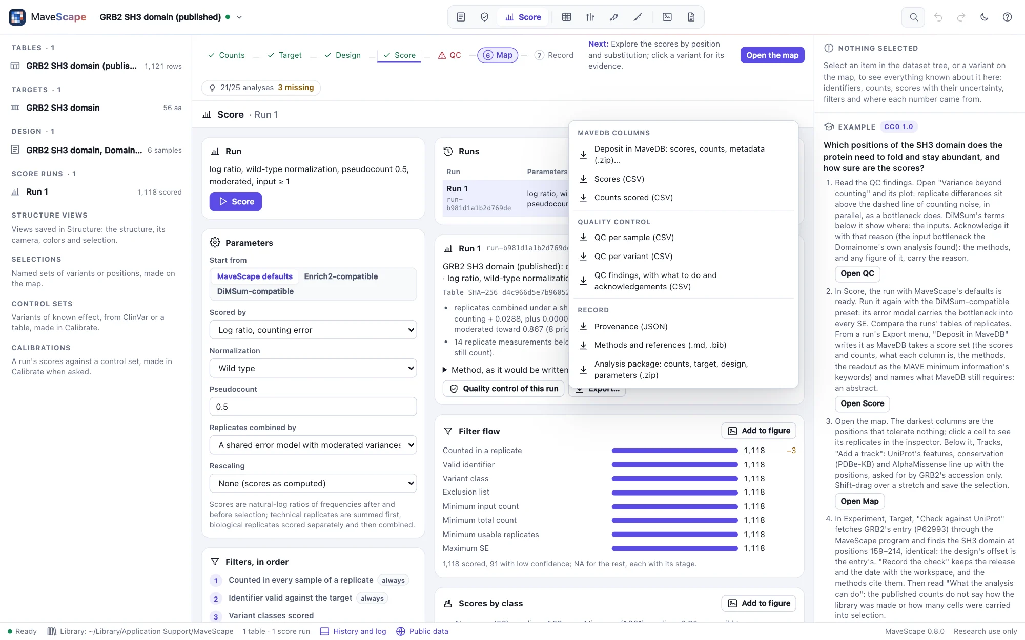 The Score view with the run's export menu open: scores and counts in MaveDB columns, QC per sample, per variant and its findings, provenance, methods and references, and the analysis package