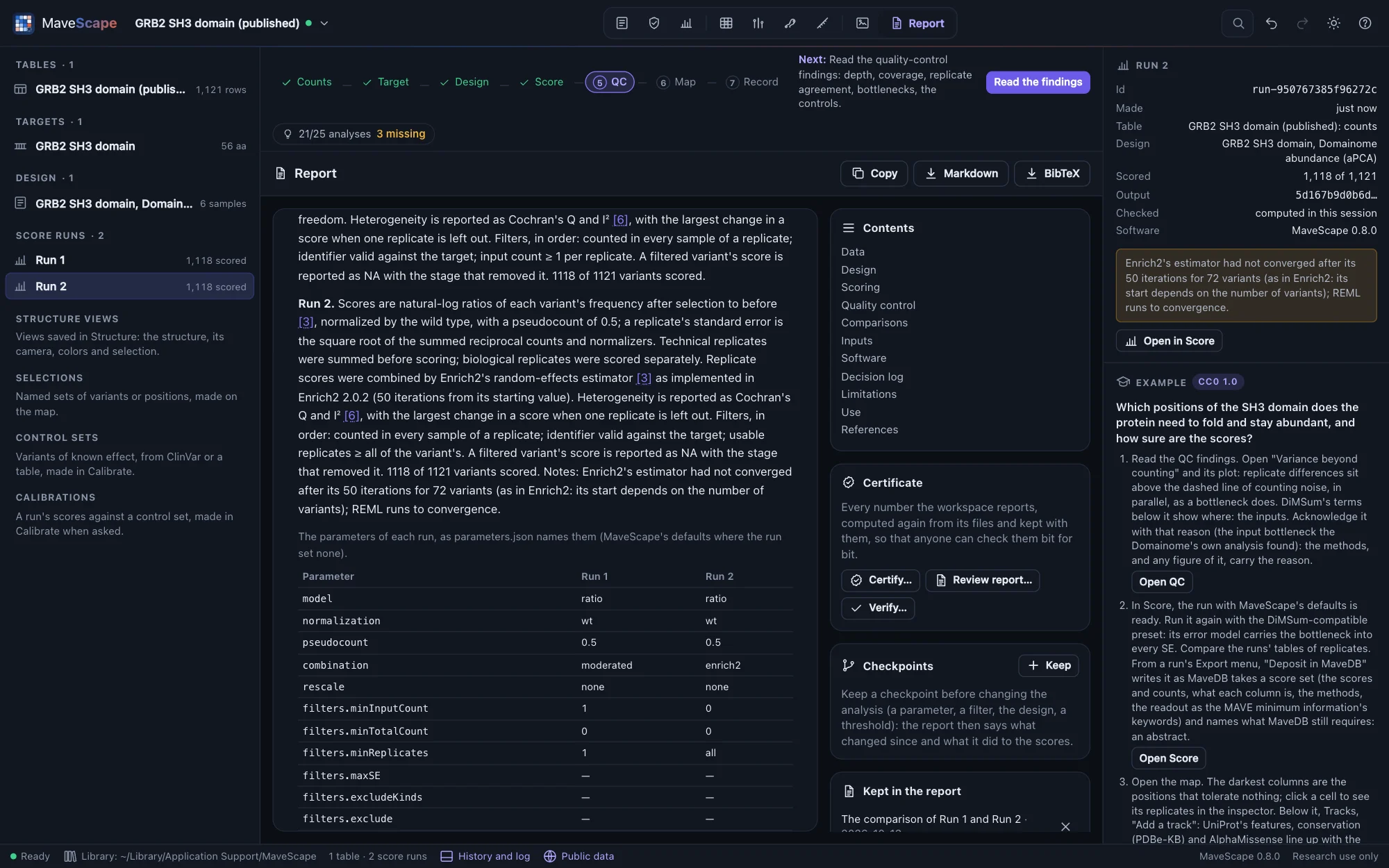 The Report view: GRB2's two runs, MaveScape's defaults and an Enrich2 rescoring, each run's scoring in words with its citations, then a table of both runs' parameters side by side; on the right the report's contents and, kept in the report, the comparison of Run 1 and Run 2
