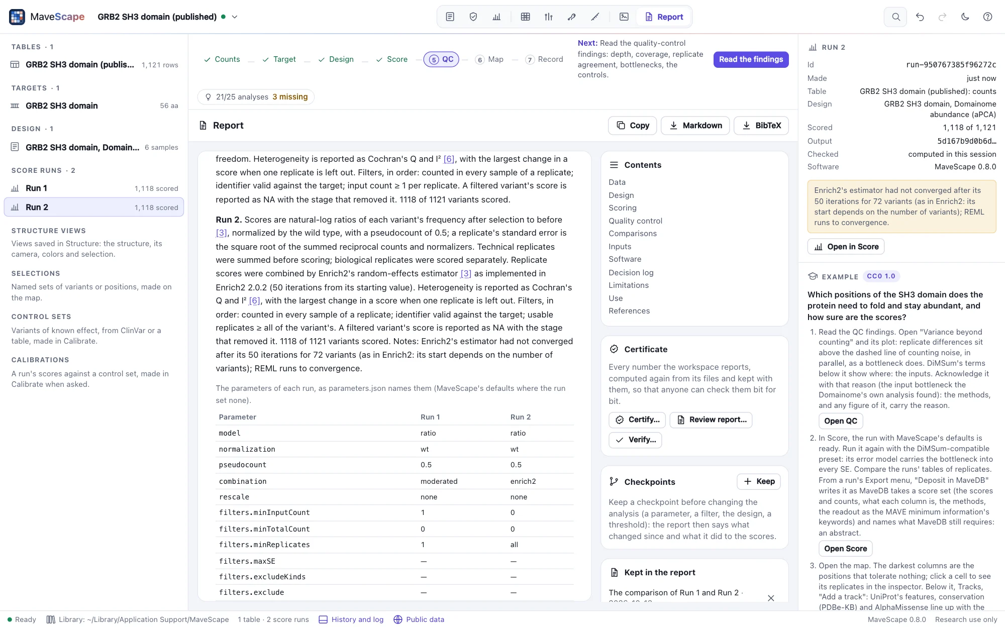 The Report view: GRB2's two runs, MaveScape's defaults and an Enrich2 rescoring, each run's scoring in words with its citations, then a table of both runs' parameters side by side; on the right the report's contents and, kept in the report, the comparison of Run 1 and Run 2