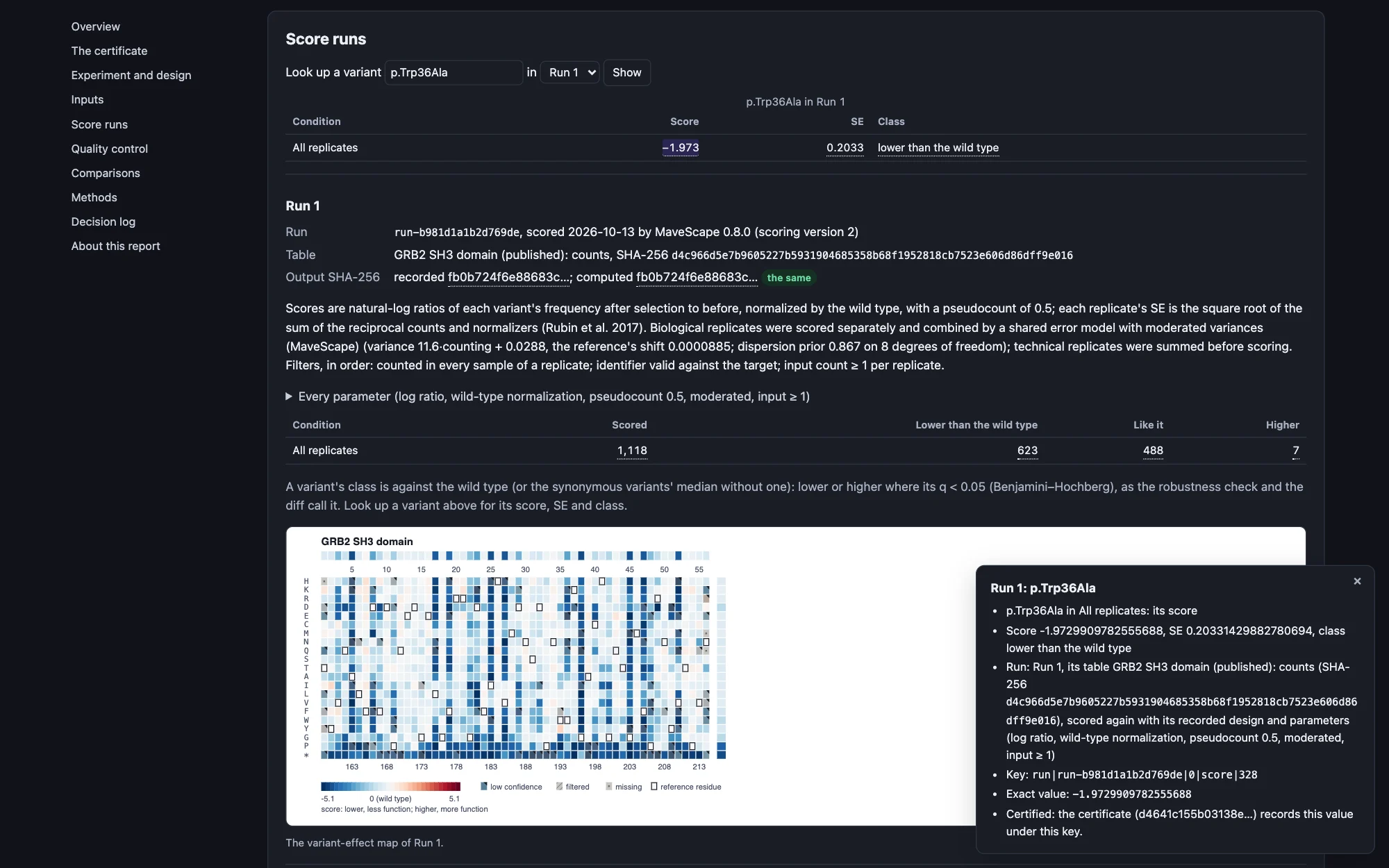 A review report open in a browser: GRB2's score runs, with a variant looked up (p.Trp36Ala: its score, SE and class in Run 1) and its score traced in a panel naming the run, its table and its SHA-256, the number's key and its exact value; each run's parameters, conditions by class and its map below