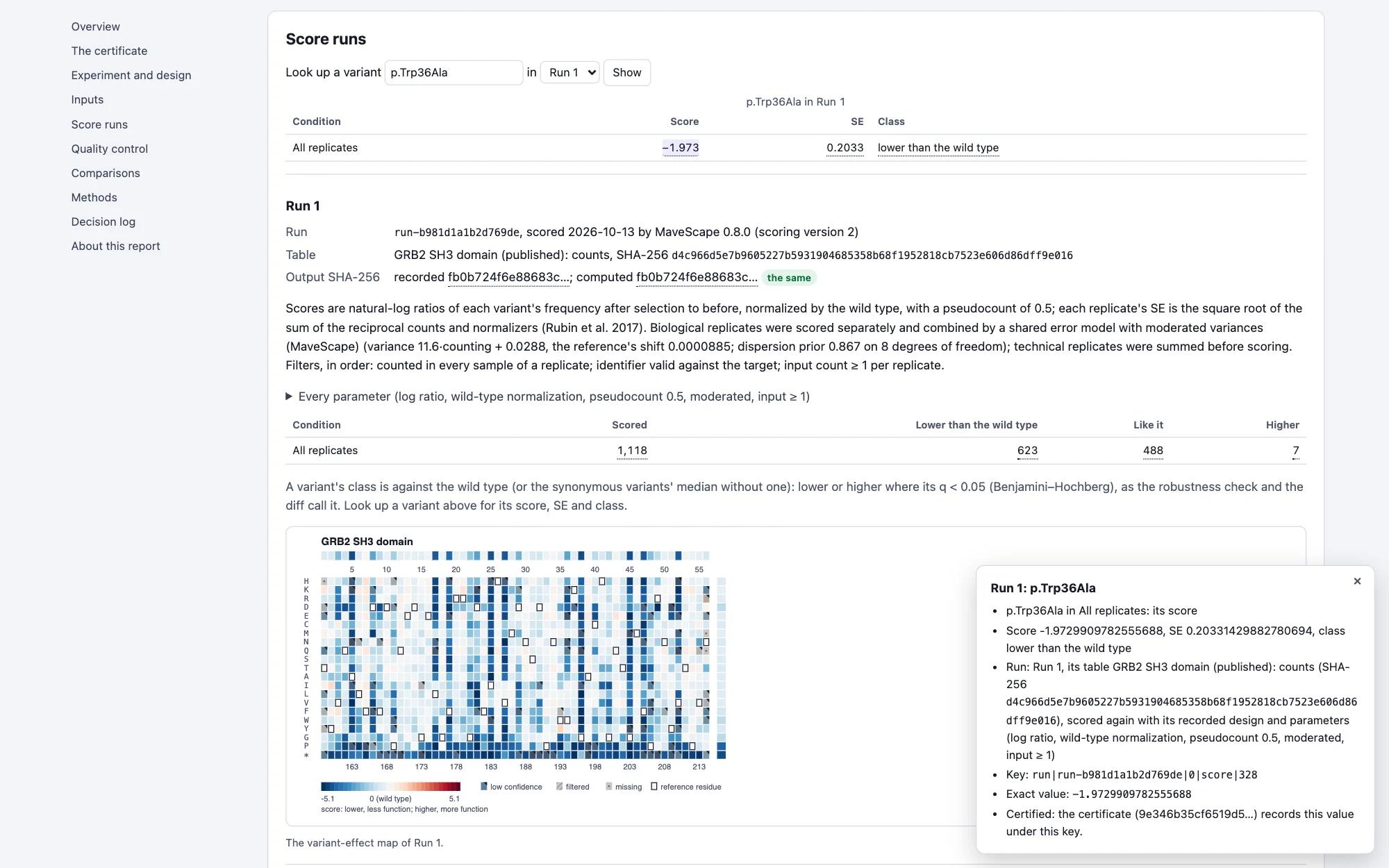 A review report open in a browser: GRB2's score runs, with a variant looked up (p.Trp36Ala: its score, SE and class in Run 1) and its score traced in a panel naming the run, its table and its SHA-256, the number's key and its exact value; each run's parameters, conditions by class and its map below