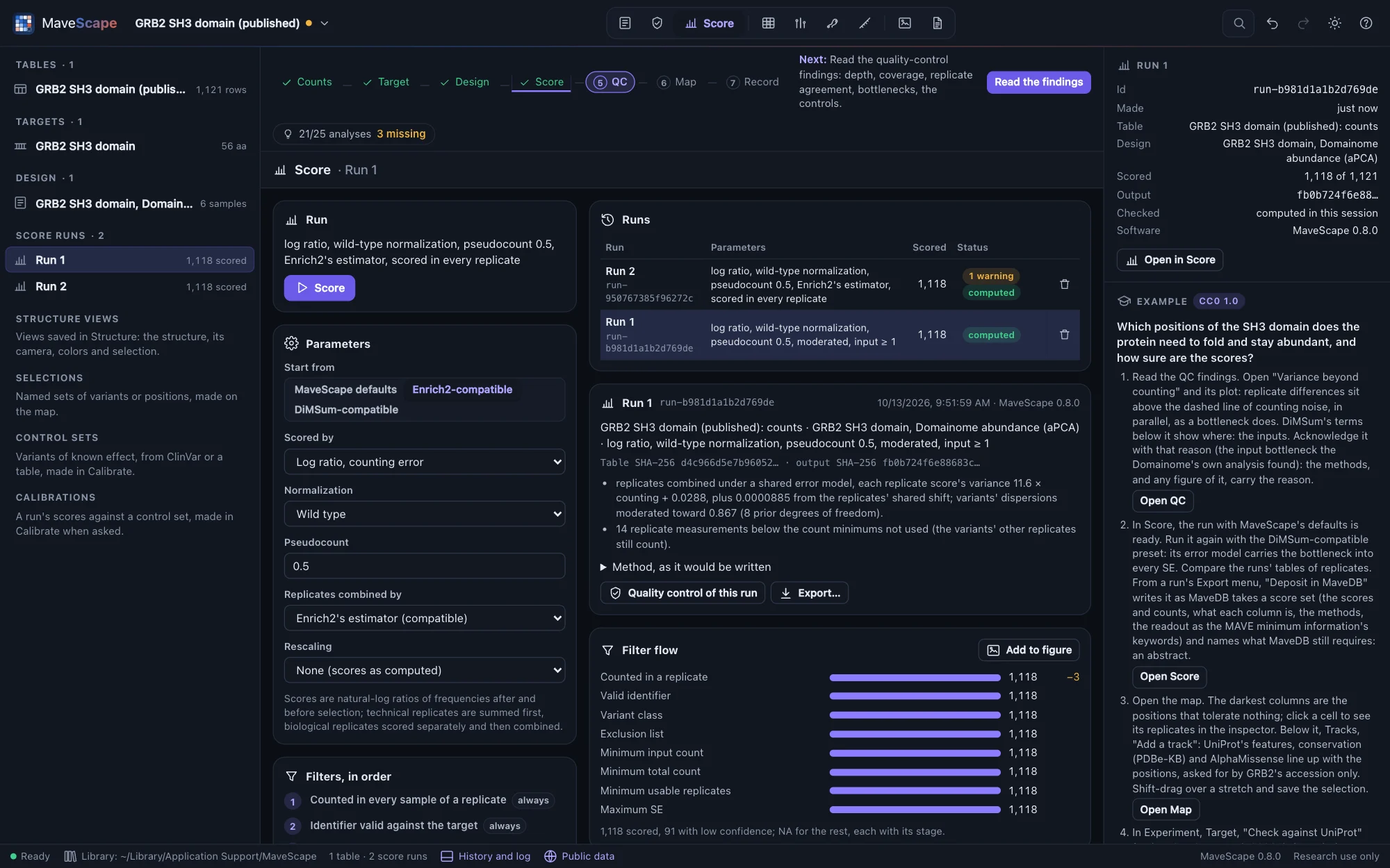The Score view: the run's parameters, two runs (MaveScape defaults and Enrich2-compatible), the filter flow and the scores by variant class