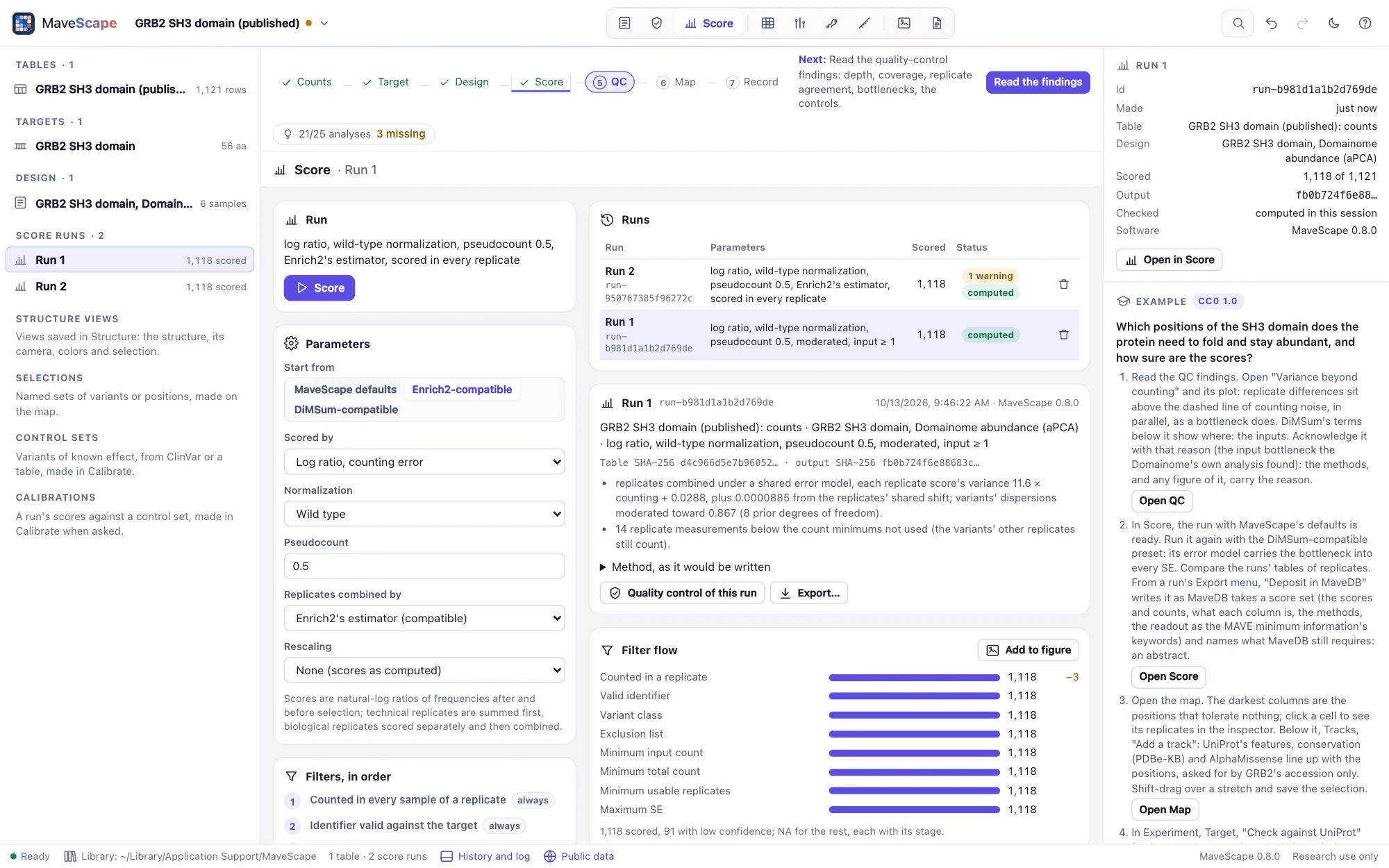 The Score view: the run's parameters, two runs (MaveScape defaults and Enrich2-compatible), the filter flow and the scores by variant class