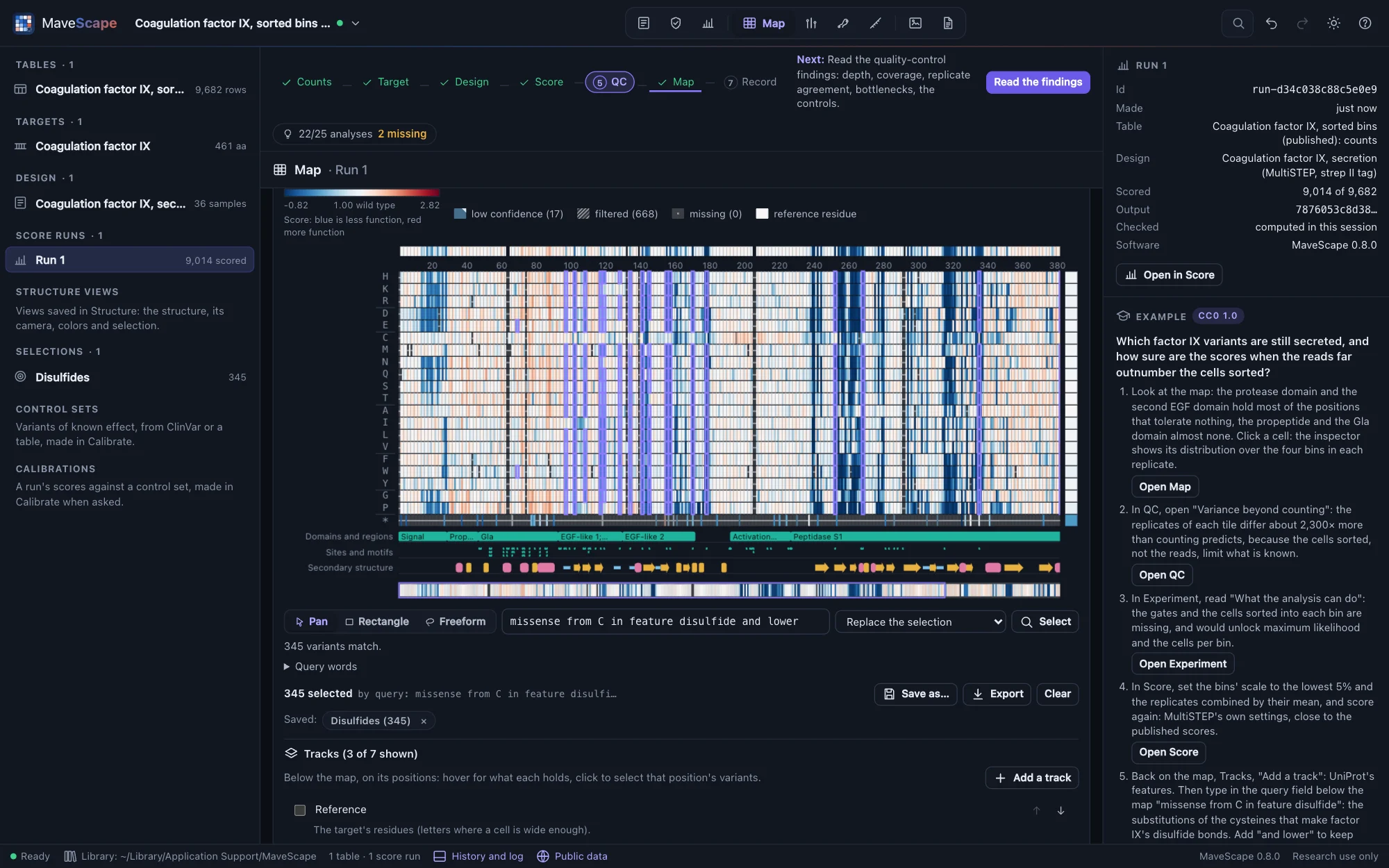 The map of factor IX with UniProt's features below it; the query field holds missense from C in feature disulfide and lower, 345 variants match, outlined on the map in the columns of the bonded cysteines, and saved as Disulfides