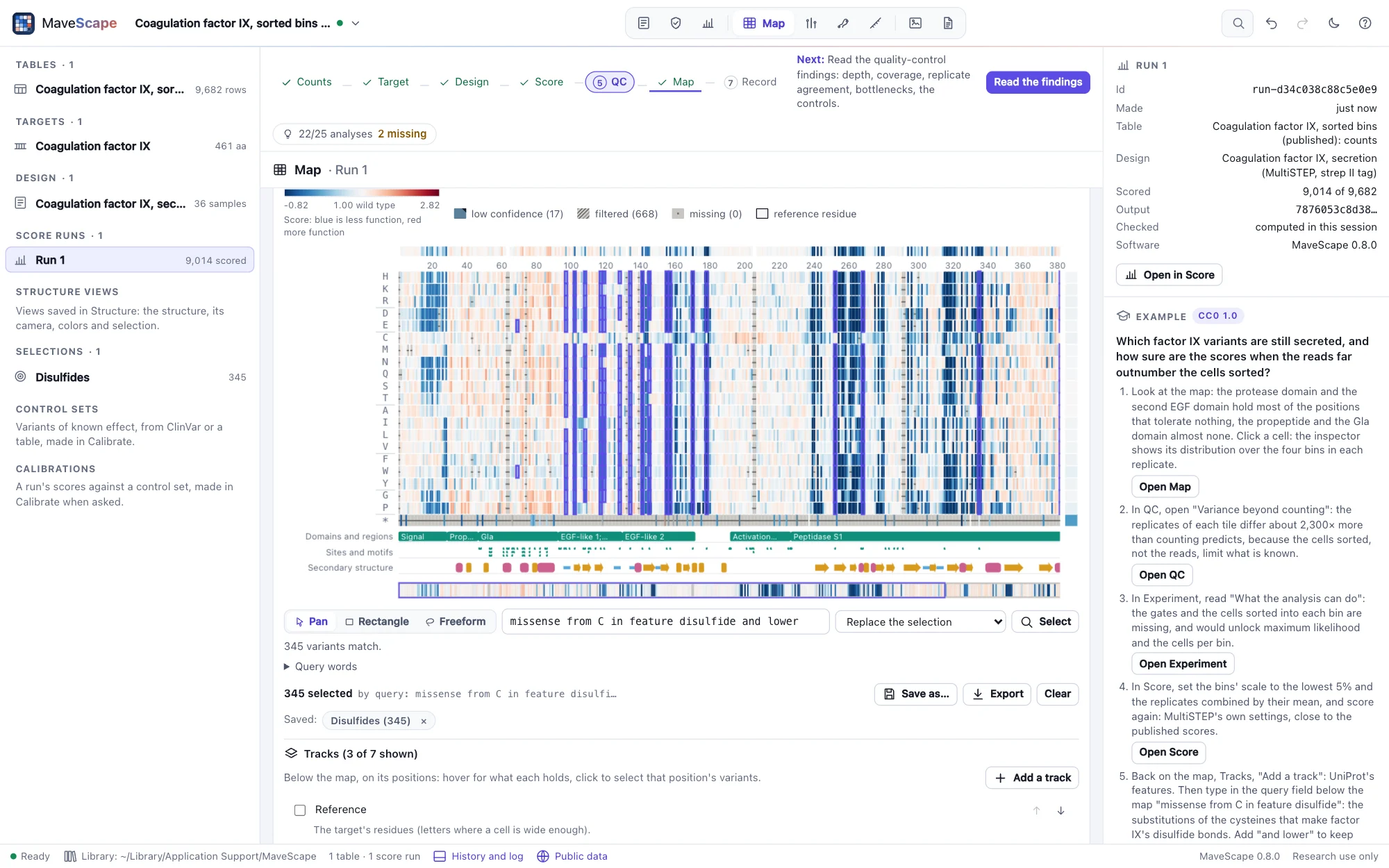 The map of factor IX with UniProt's features below it; the query field holds missense from C in feature disulfide and lower, 345 variants match, outlined on the map in the columns of the bonded cysteines, and saved as Disulfides