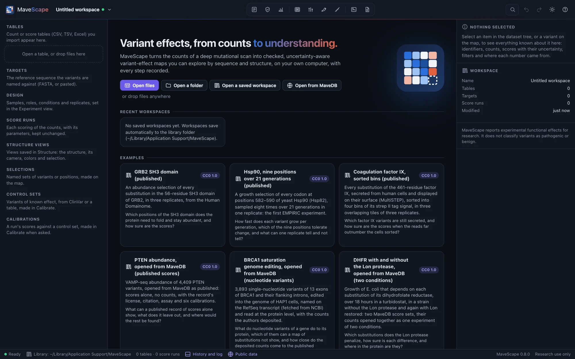 The start page: buttons to open files, a folder, a saved workspace or a score set from MaveDB, recent workspaces, the examples, what to bring and the blank layouts