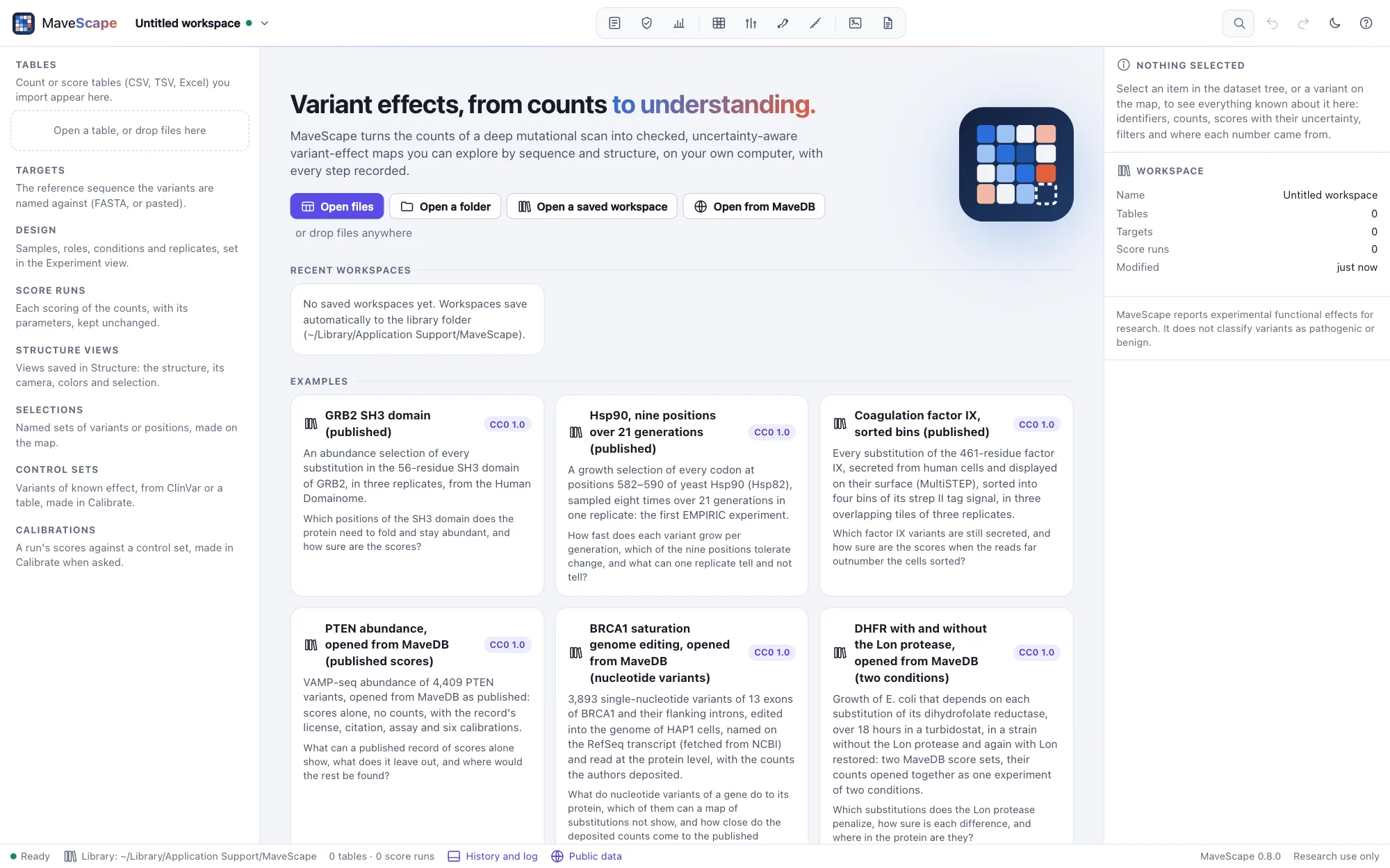 The start page: buttons to open files, a folder, a saved workspace or a score set from MaveDB, recent workspaces, the examples, what to bring and the blank layouts