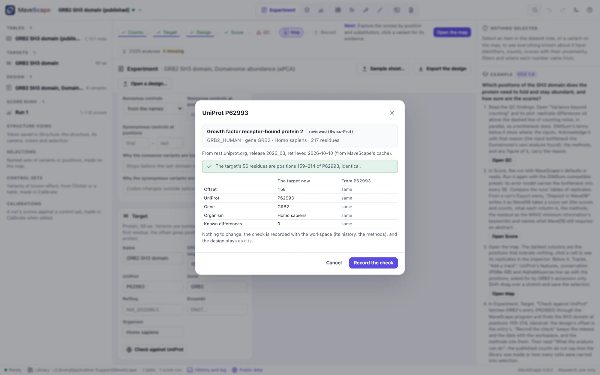 The UniProt check of the GRB2 example's target: entry P62993, Growth factor receptor-bound protein 2, reviewed, release 2026_03, retrieved 2026-10-10 from MaveScape's cache; the target's 56 residues are positions 159 to 214, identical; the offset, accession, gene, organism and known differences all the same; and a Record the check button