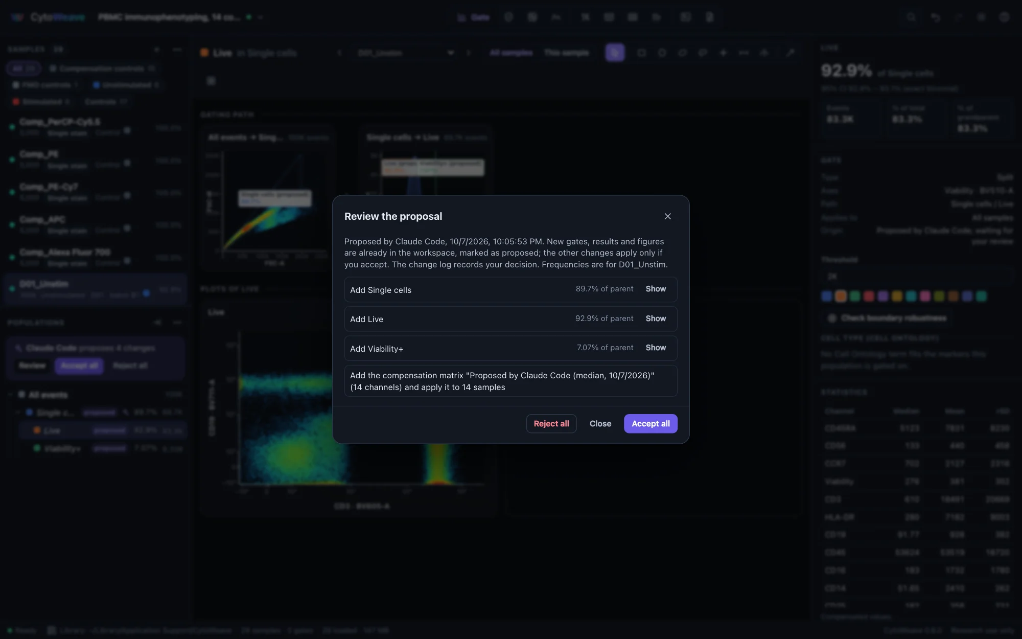 Review the proposal: Claude Code proposes three gates with their frequencies and a compensation matrix for 12 samples, with Reject all and Accept all buttons
