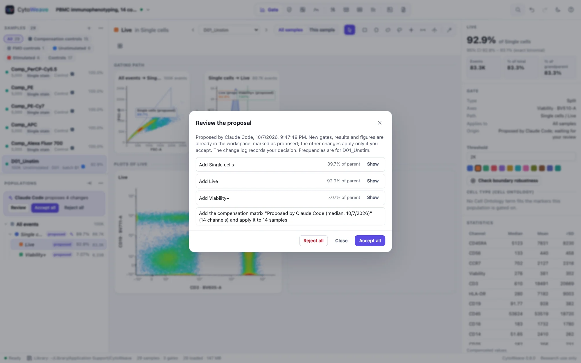 Review the proposal: Claude Code proposes three gates with their frequencies and a compensation matrix for 12 samples, with Reject all and Accept all buttons