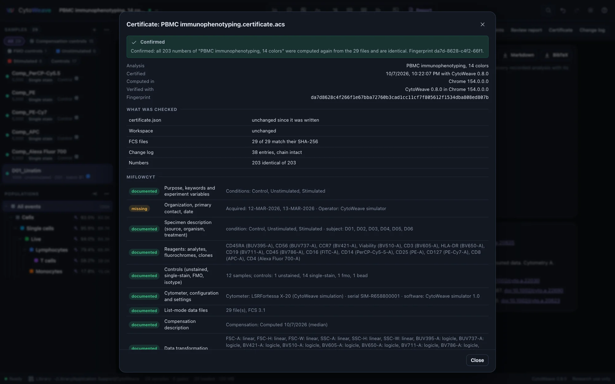 A certificate verified: confirmed, all numbers of the PBMC analysis computed again from the 27 files and identical, with what was checked: certificate.json unchanged, the workspace unchanged, 27 of 27 files matching their SHA-256, the change log's chain intact, and the MIFlowCyt items