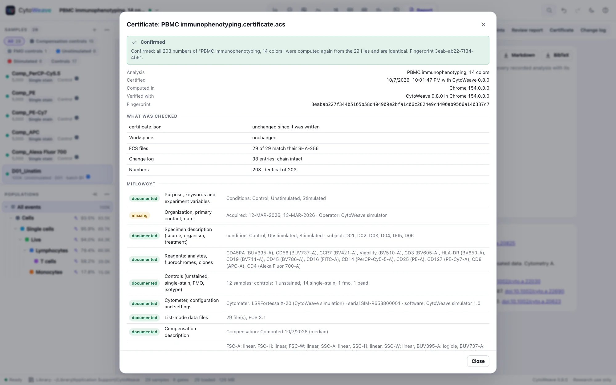 A certificate verified: confirmed, all numbers of the PBMC analysis computed again from the 27 files and identical, with what was checked: certificate.json unchanged, the workspace unchanged, 27 of 27 files matching their SHA-256, the change log's chain intact, and the MIFlowCyt items
