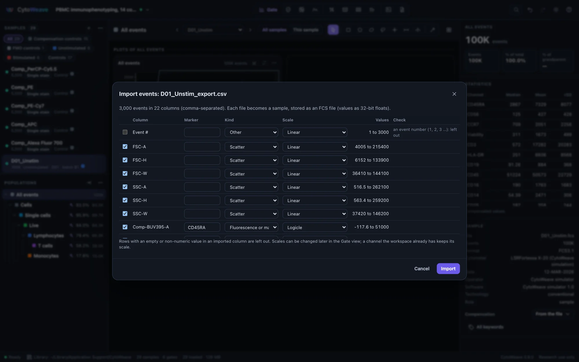 The Import events dialog for a CSV exported from FlowJo: 3,000 events in 22 columns, each column with a box to import it, its marker, kind and scale, its range of values and a check; the event number column is left out