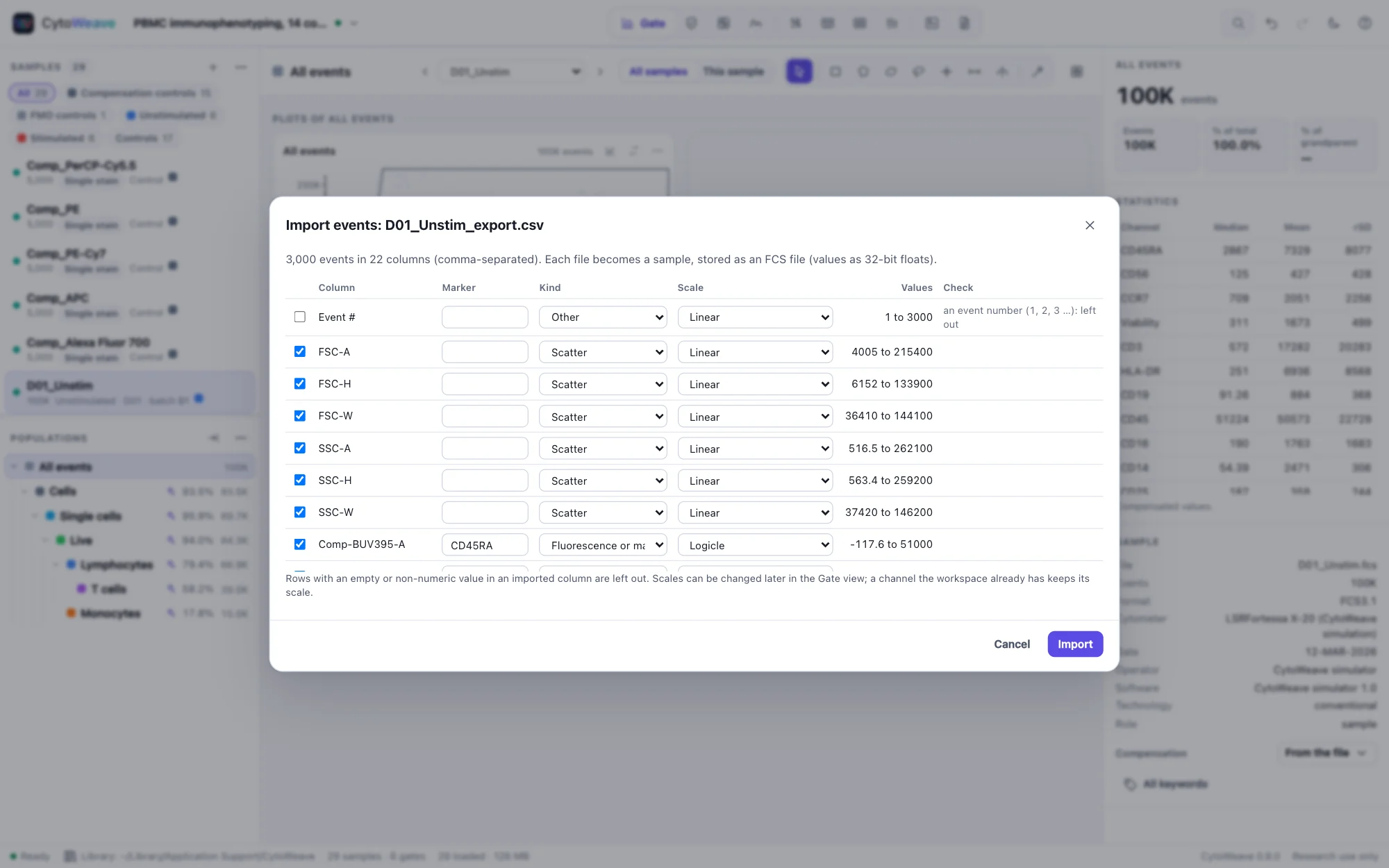 The Import events dialog for a CSV exported from FlowJo: 3,000 events in 22 columns, each column with a box to import it, its marker, kind and scale, its range of values and a check; the event number column is left out