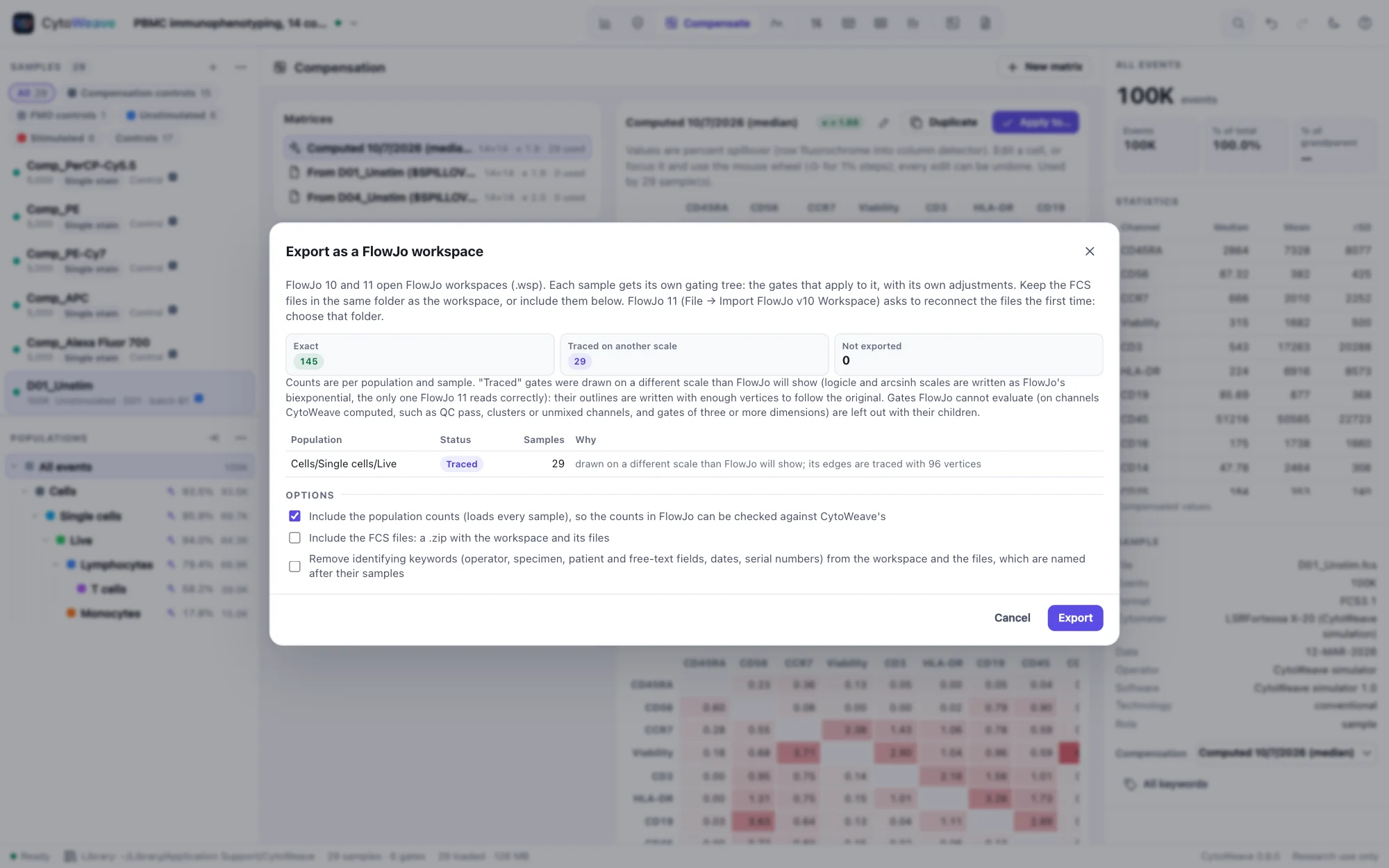 Export as a FlowJo workspace: 135 population-sample pairs written exactly and 27 traced (the Live gate, a polygon on a logicle channel), none left out, with options to include the counts, the FCS files and to remove identifying keywords