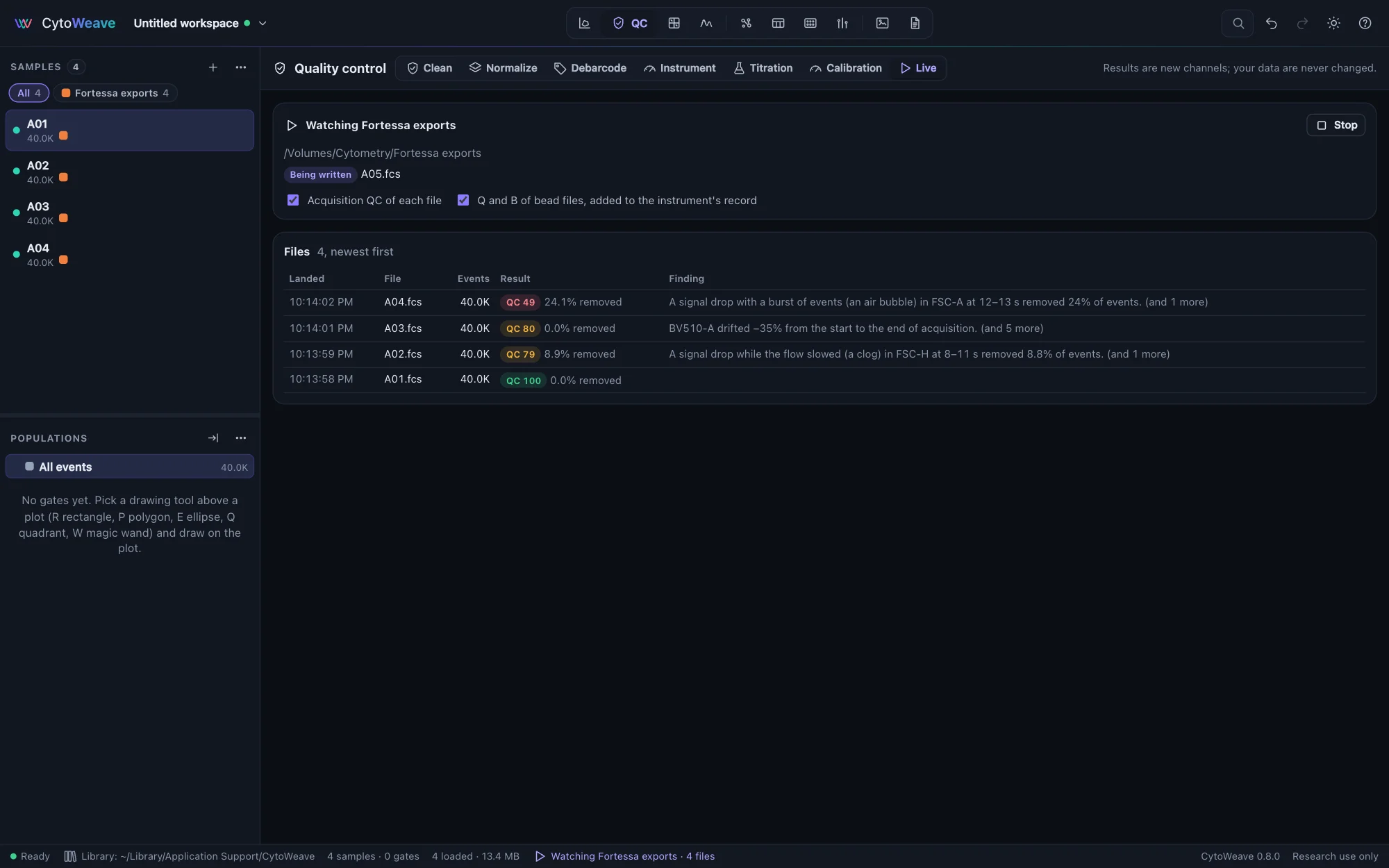QC Live: watching the instrument's export folder, one file still being written, and four wells checked as they landed: A04 scored 49 with a signal drop at 12–13 s, A03 80 with drift, A02 79 with a possible clog, A01 100