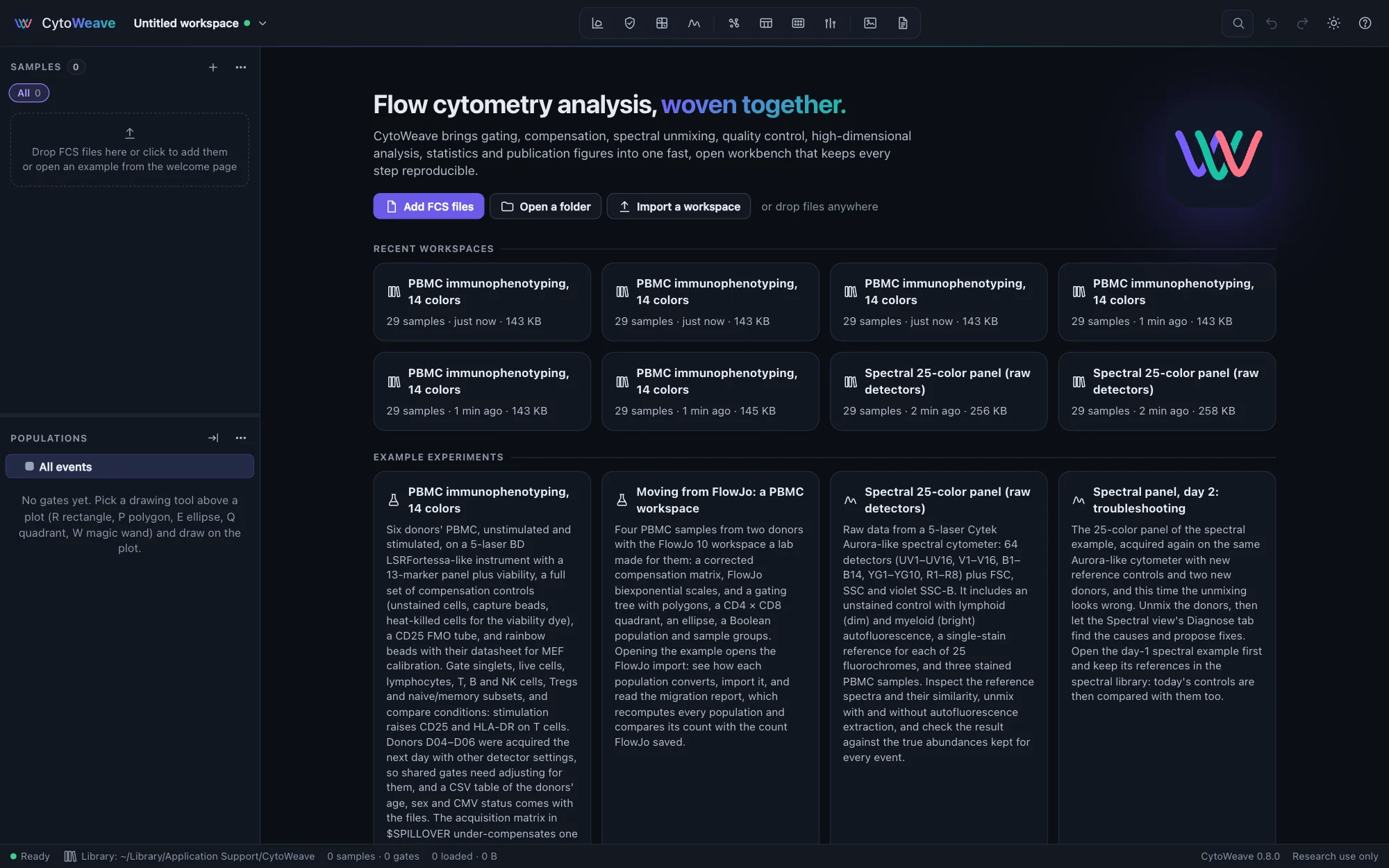 The start page: buttons to add FCS files, open a folder or import a workspace, recent workspaces, and cards for the example experiments