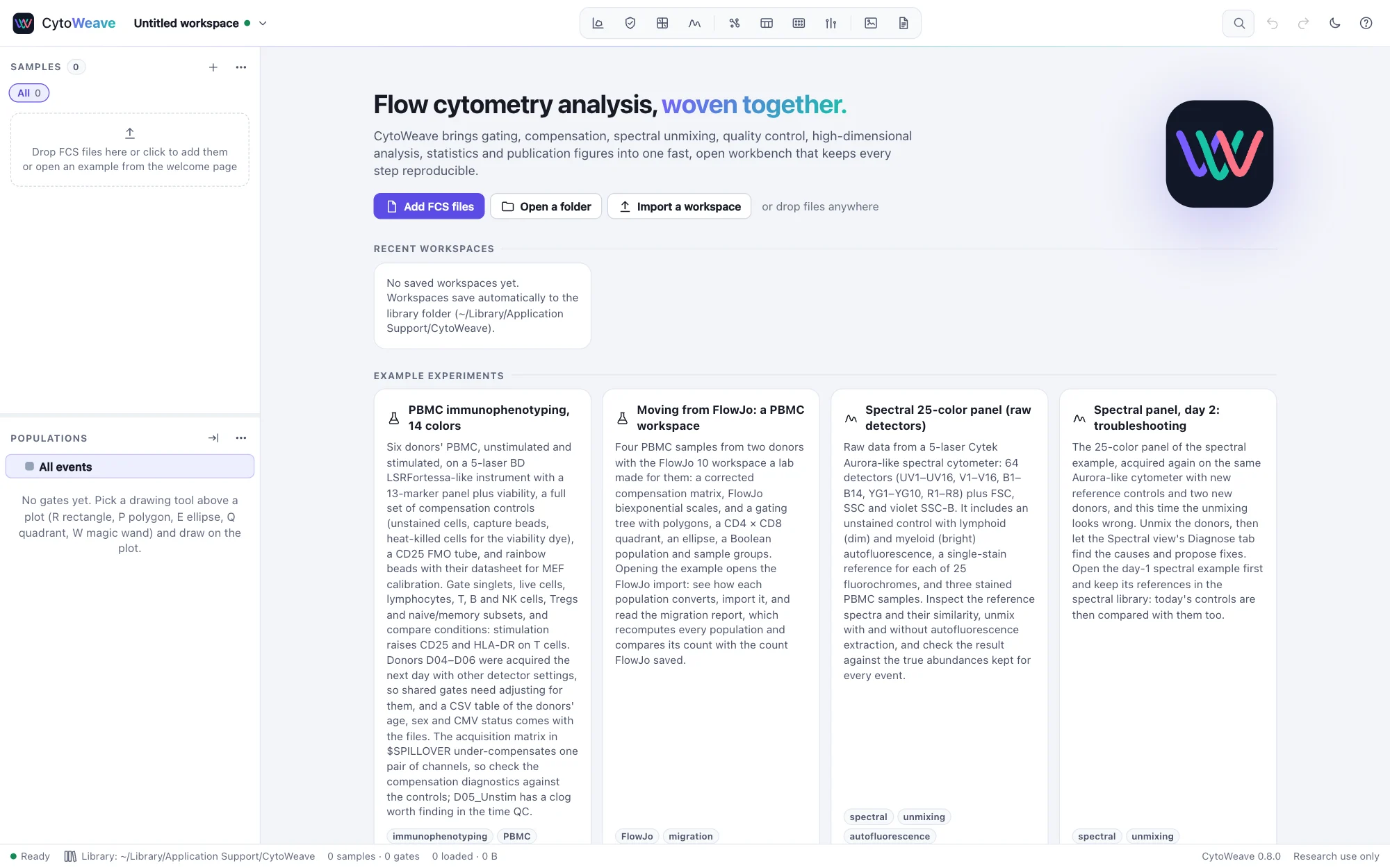 The start page: buttons to add FCS files, open a folder or import a workspace, recent workspaces, and cards for the example experiments