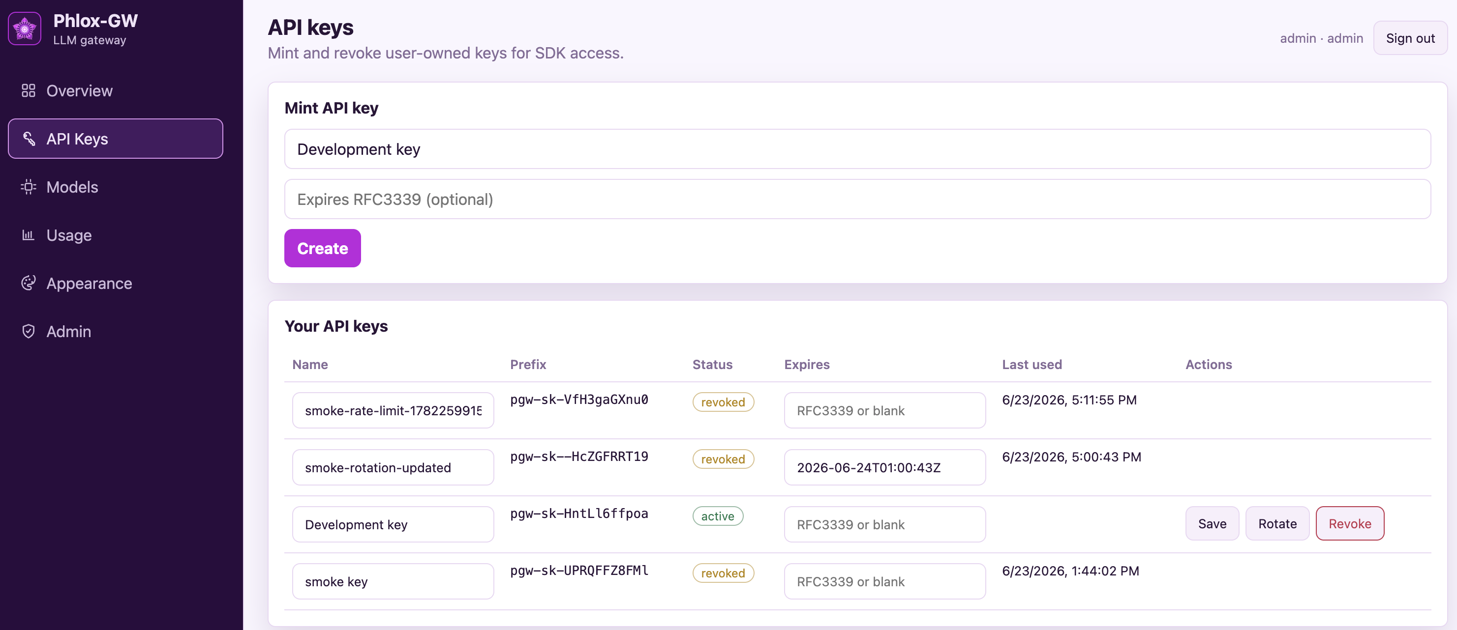 Phlox-GW API keys page where users mint, rotate, expire, and revoke their own keys