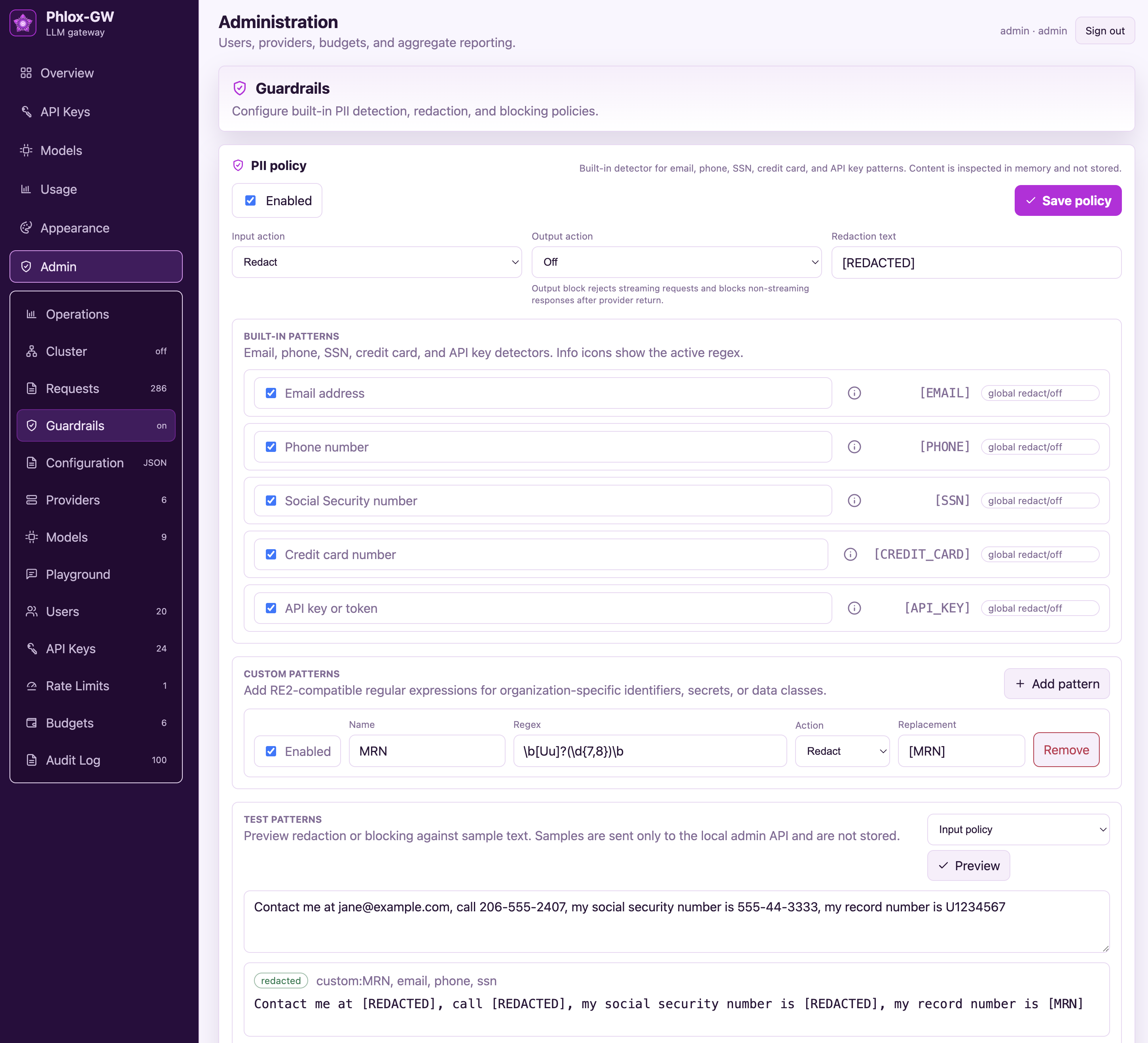 Phlox-GW guardrails page with built-in PII patterns, a custom MRN regex, and a live redaction preview