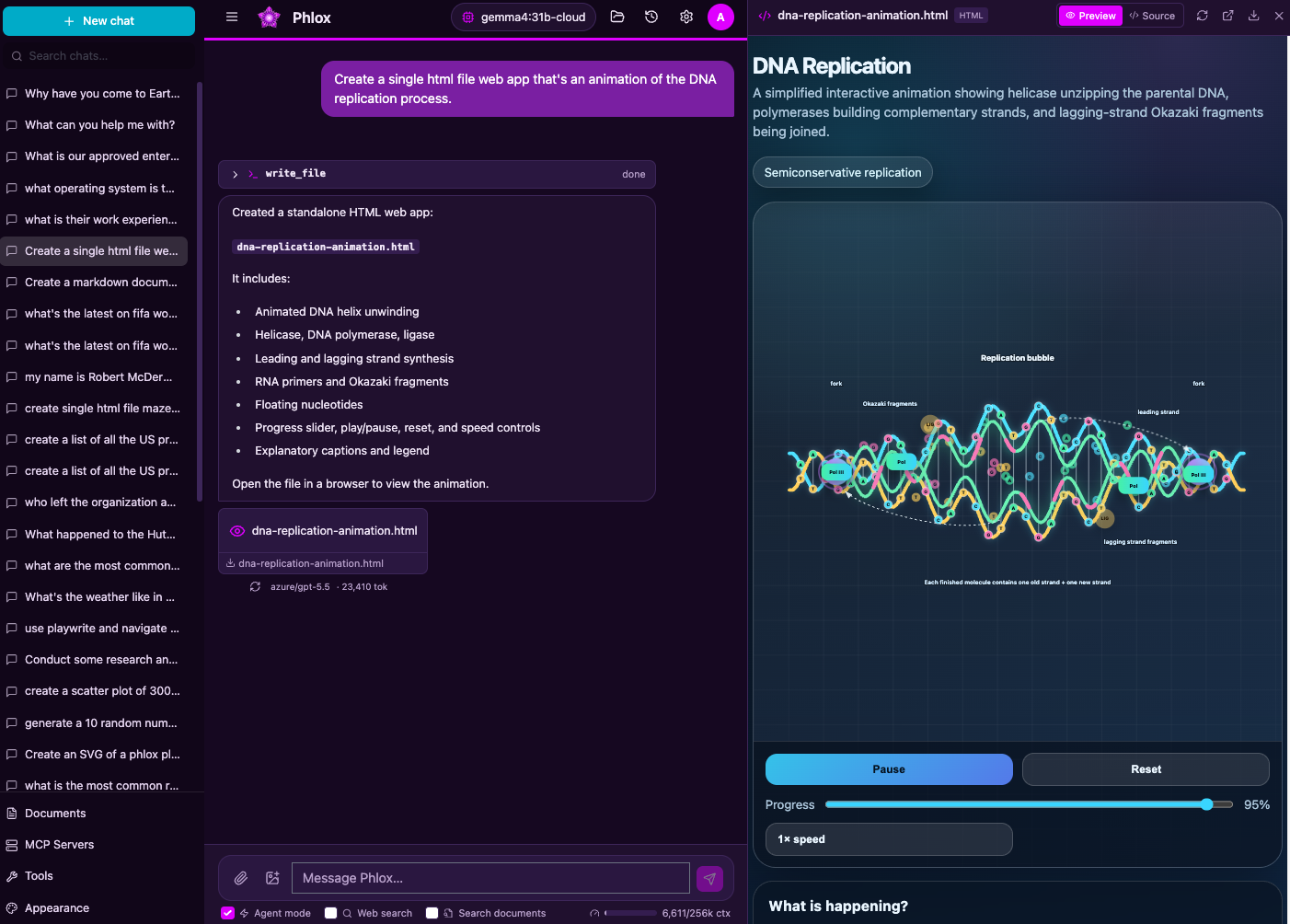 The Phlox chat interface with the artifact canvas open beside the conversation, live-previewing an interactive DNA-replication web app the agent just built