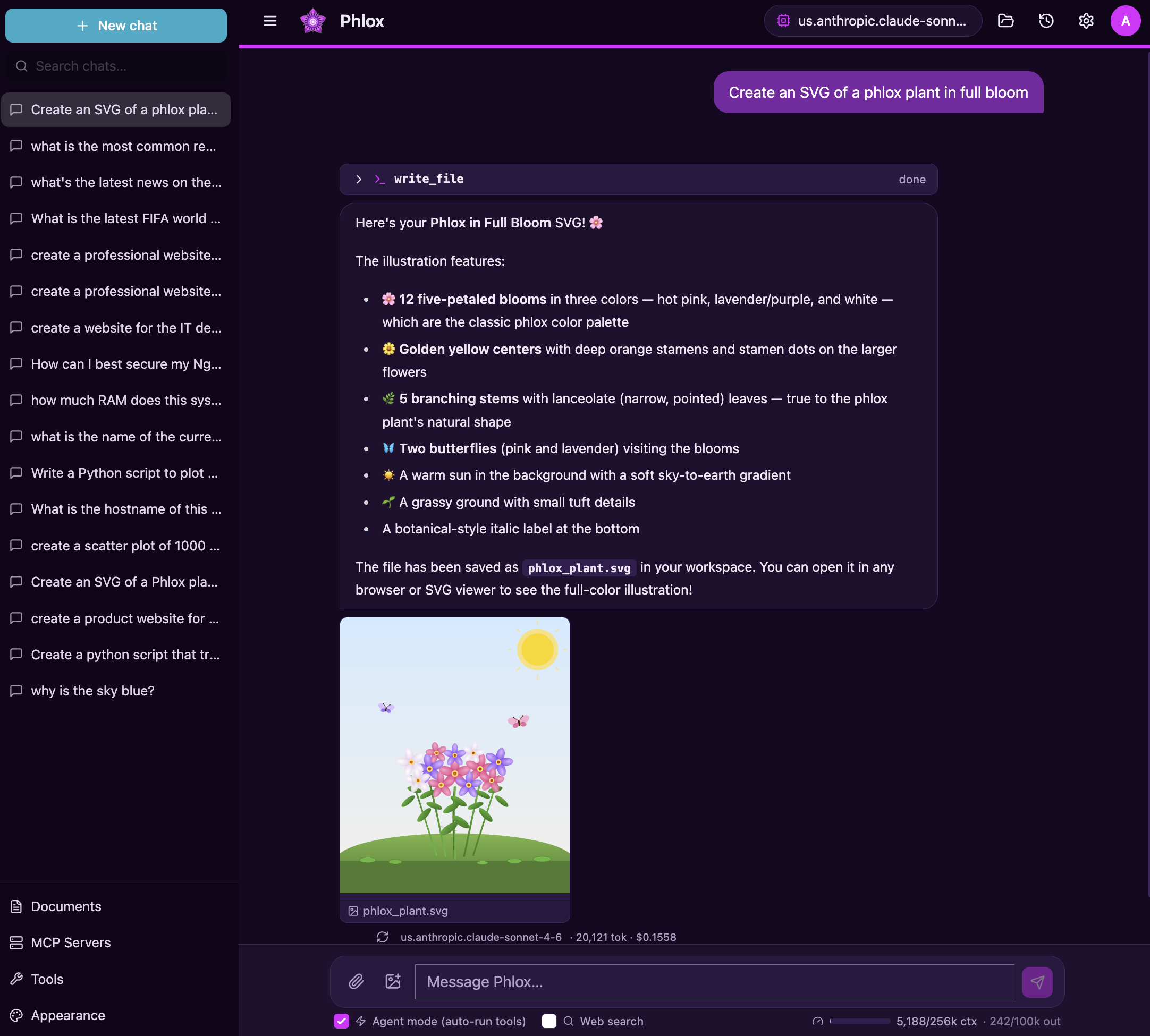 The Phlox chat interface showing a streaming conversation, tool calls, and an artifact panel