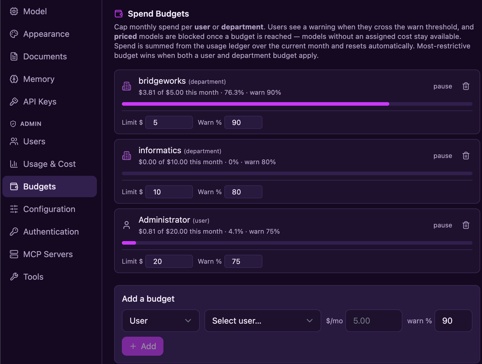 Admin Budgets panel showing monthly spend caps for departments and users with spent-vs-limit progress bars, editable limit and warning thresholds, and a form to add a budget